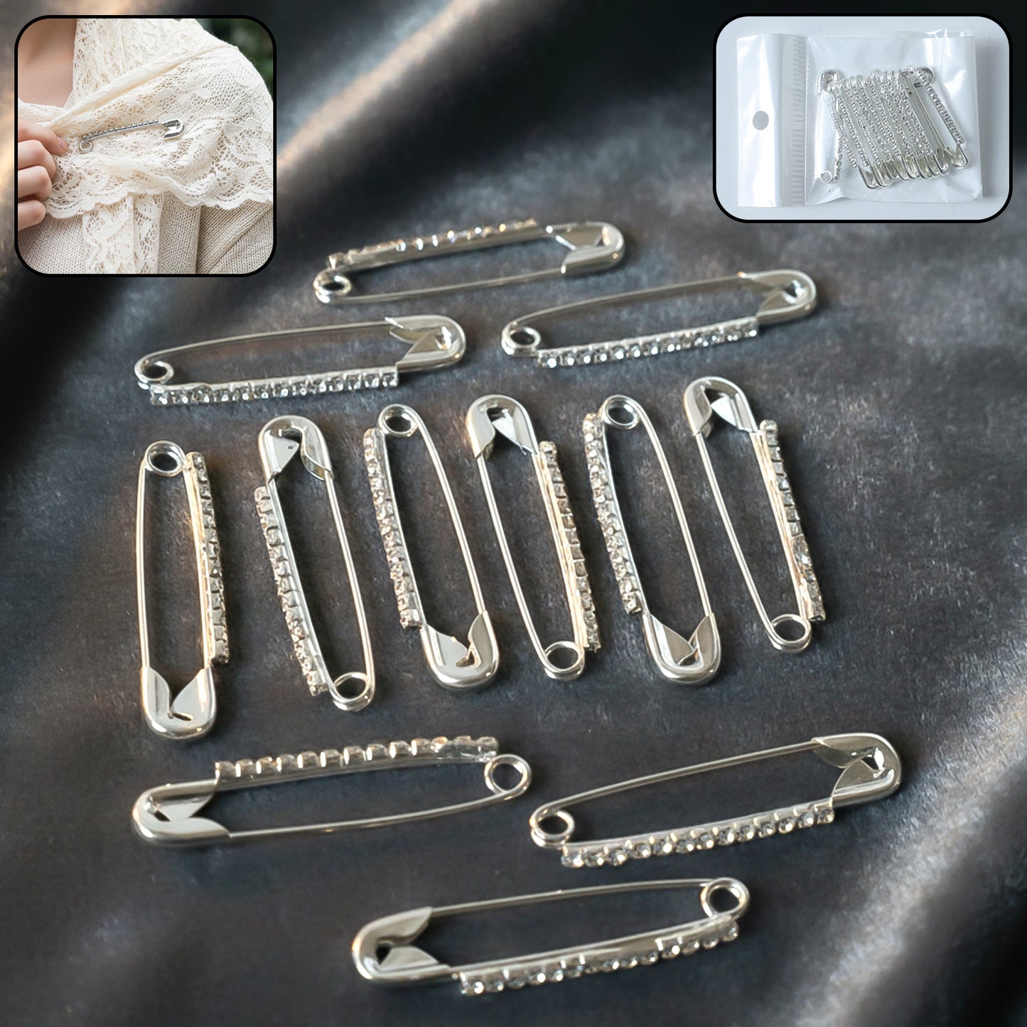 Decorative Silver Finish Brooch Pin Set - 12 Piece Collection - Happy Price - Image 2