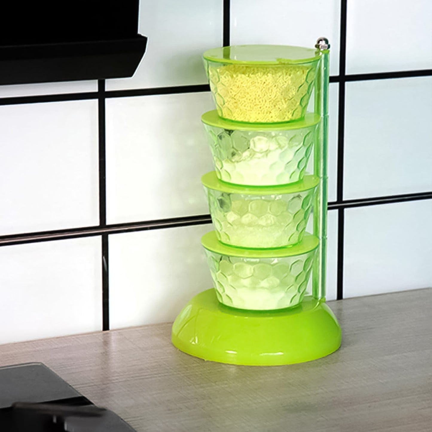 4 Layer Rotating Spice Tower with 4 Spoons - Vertical Condiment Organizer - Happy Price - Image 3