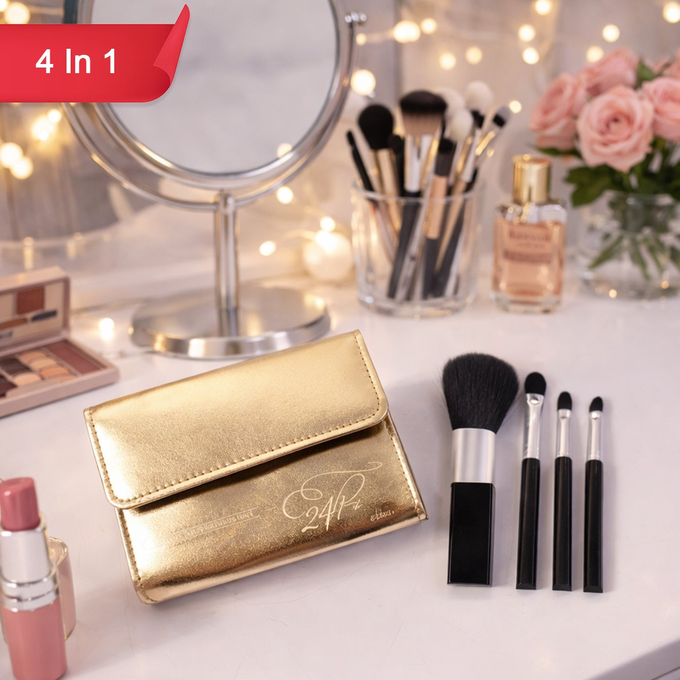 4-in-1 Makeup Brush Kit with Travel Pouch (1 Set) - Happy Price - Image 1