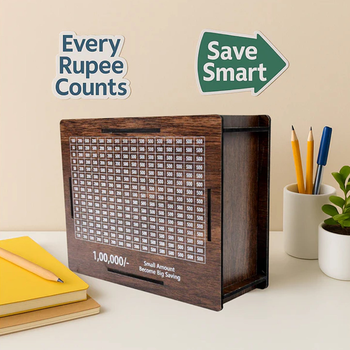 Big Wooden Savings Challenge Money Box - ₹1 Lakh Goal Tracker - Happy Price - Image 6