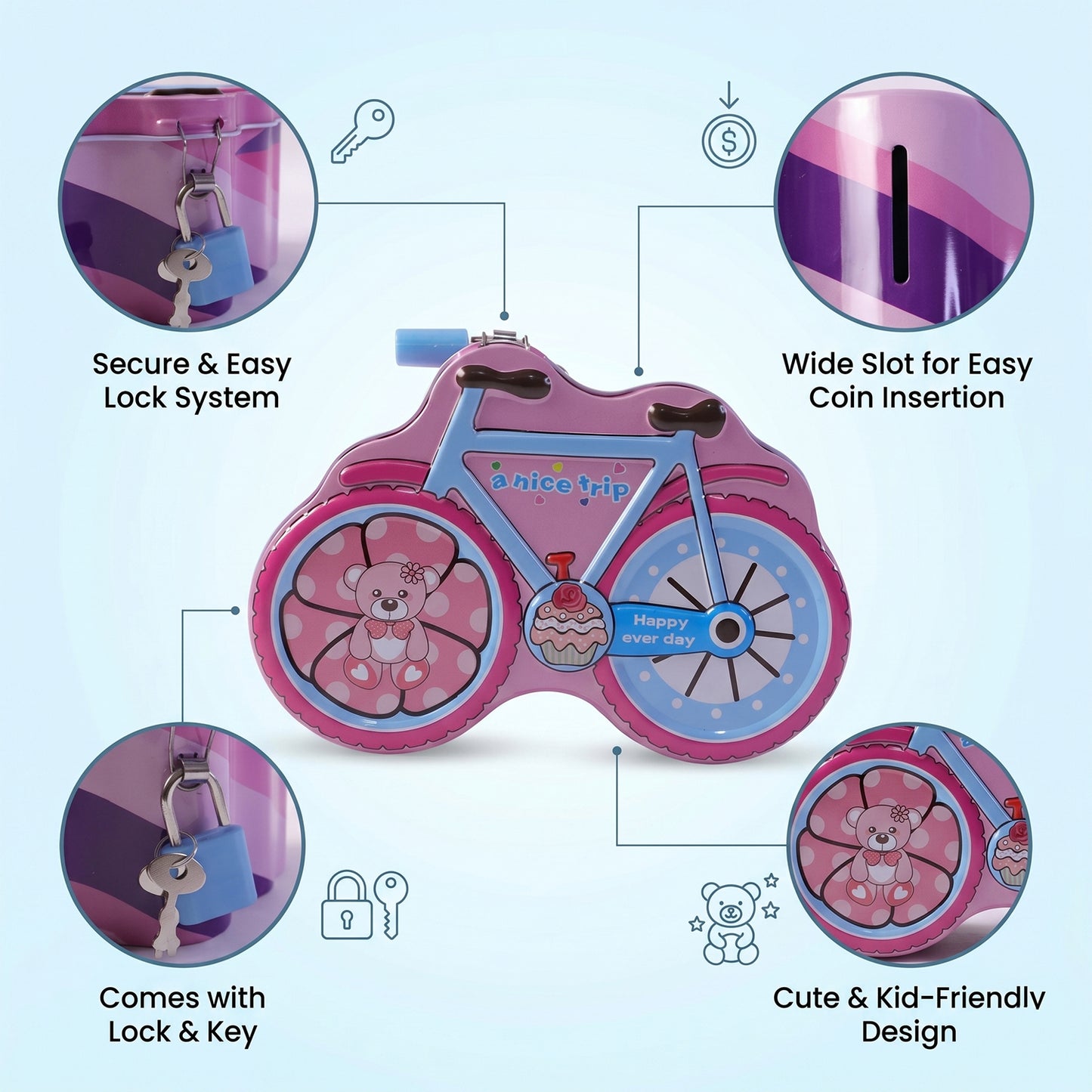 Bicycle Piggy Bank with Lock and Key - 1 Pc - Great Price - Image 6