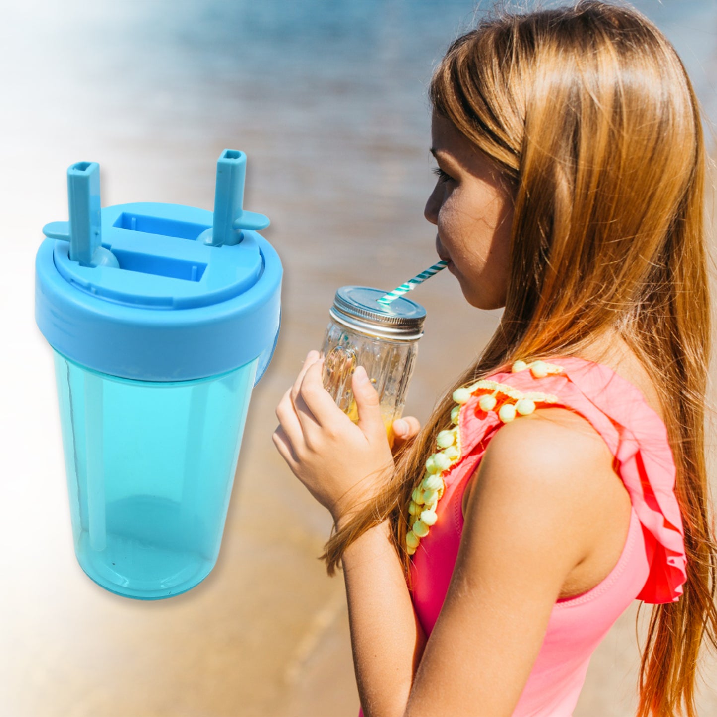 2 Drinks In 1 Cup Water Bottle Stable Sturdy Dual Use Bottle 2 Straws For Shopping Travel For Outdoor Activities (1 Pc) - Happy Price - Image 3