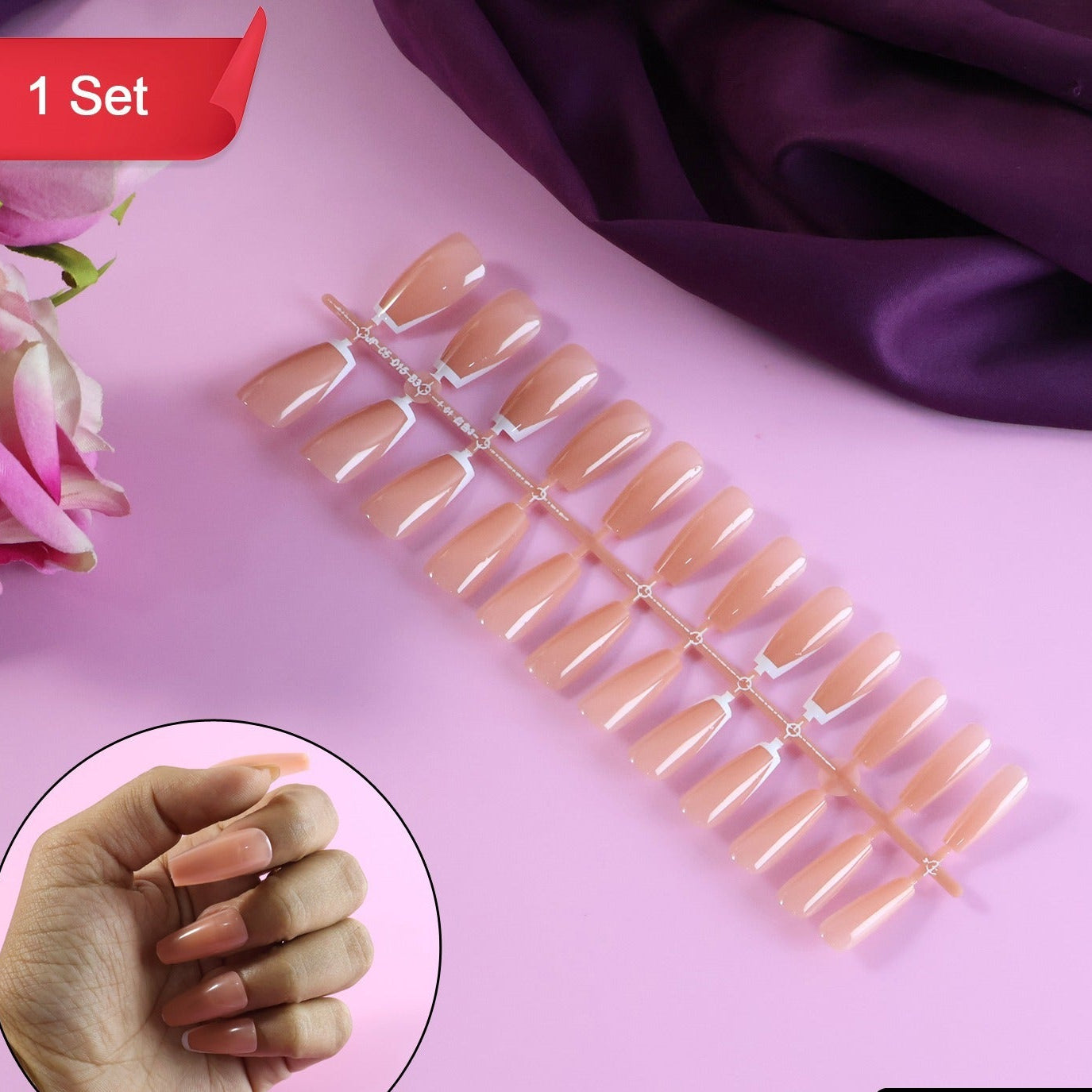 24 Pc Glossy Nude Full Cover Artificial Nail Tips - Reusable Press-On Manicure Set - Happy Price - Image 1