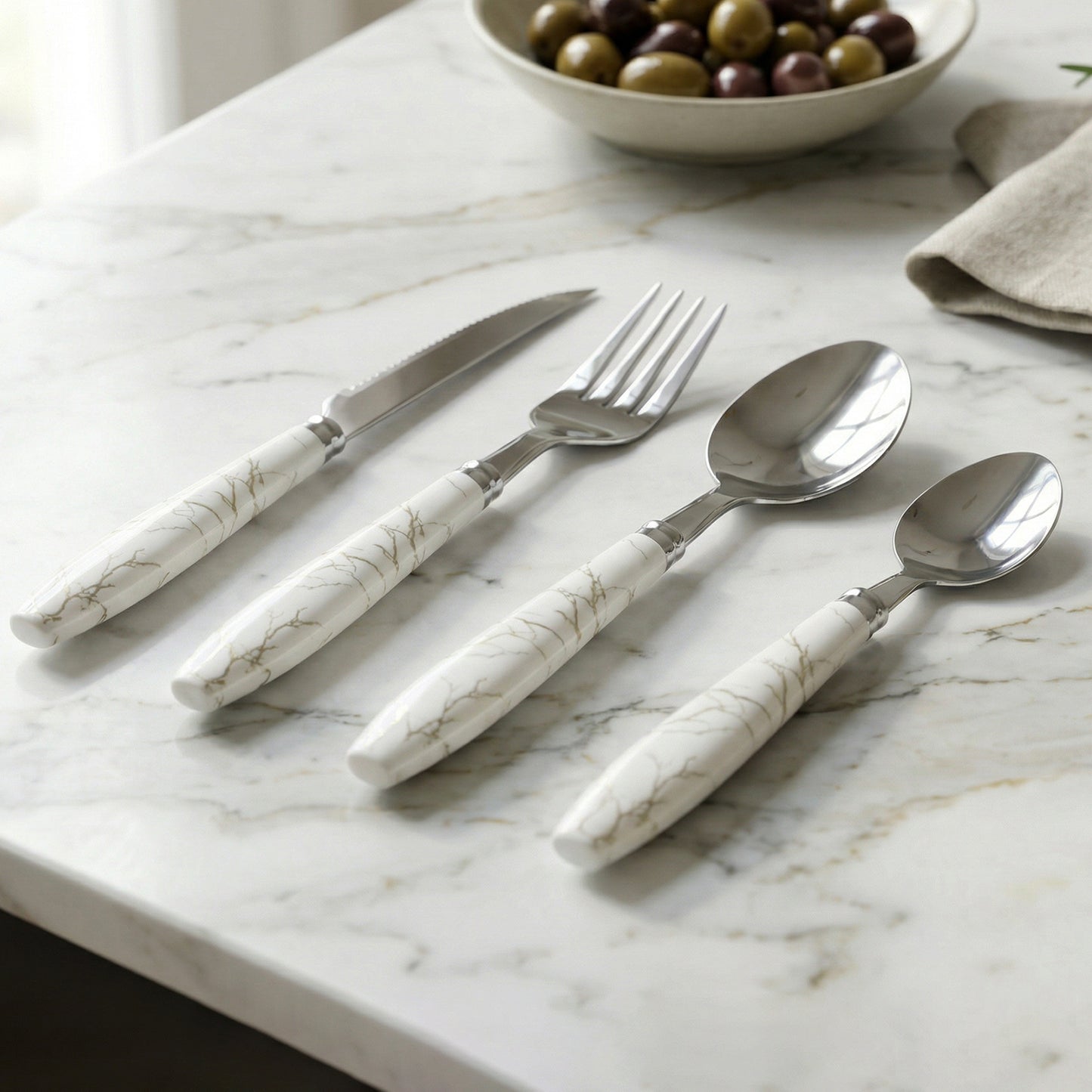 4 Piece Stainless Steel Cutlery Set with Marble Handle - Great Price - Image 6