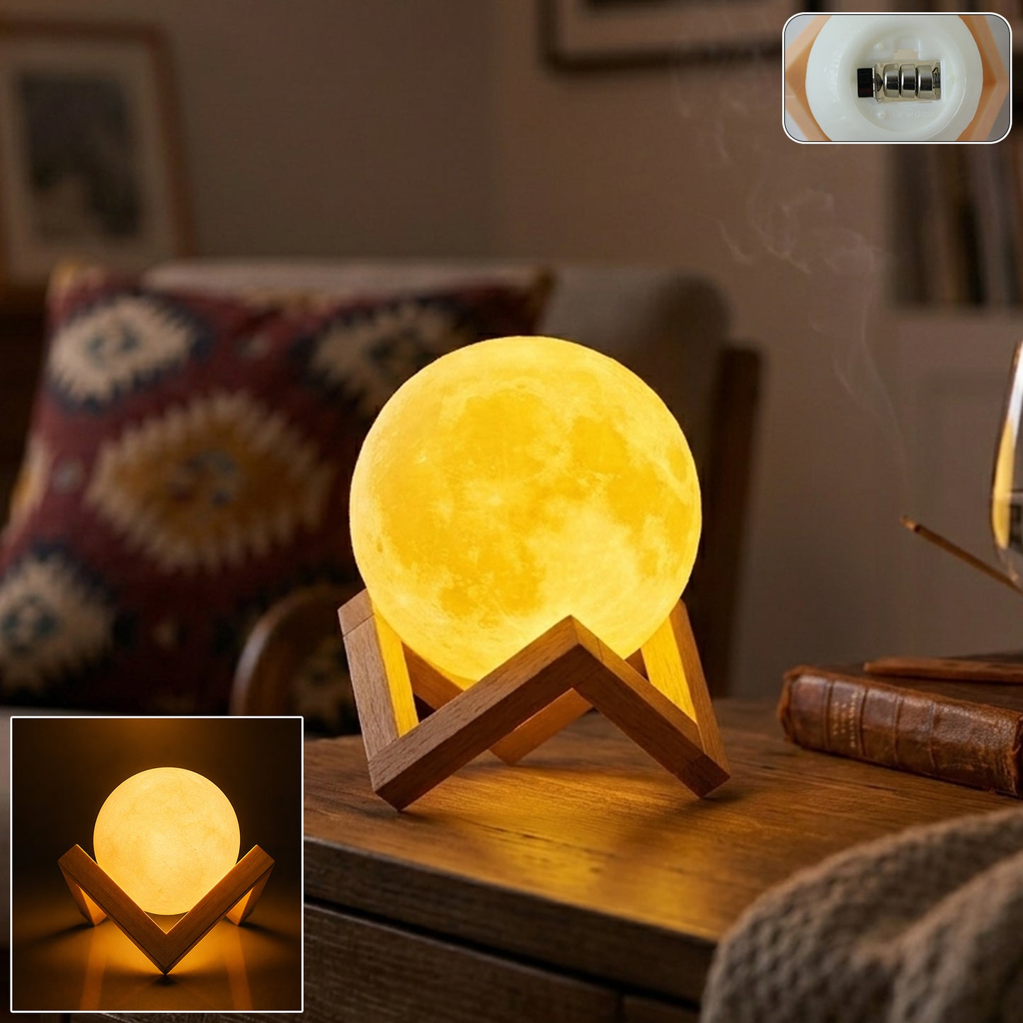 LED Moon Ball Night Light with Wooden Base (1 Pc) - Happy Price - Image 2