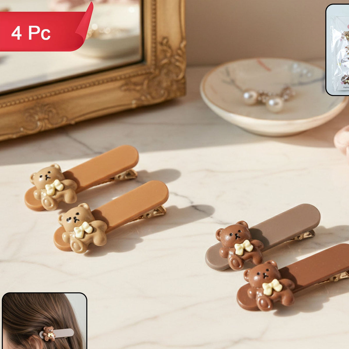 Cute Teddy Bear Snap Hair Clips - 4 Pc Set - Happy Price - Image 1
