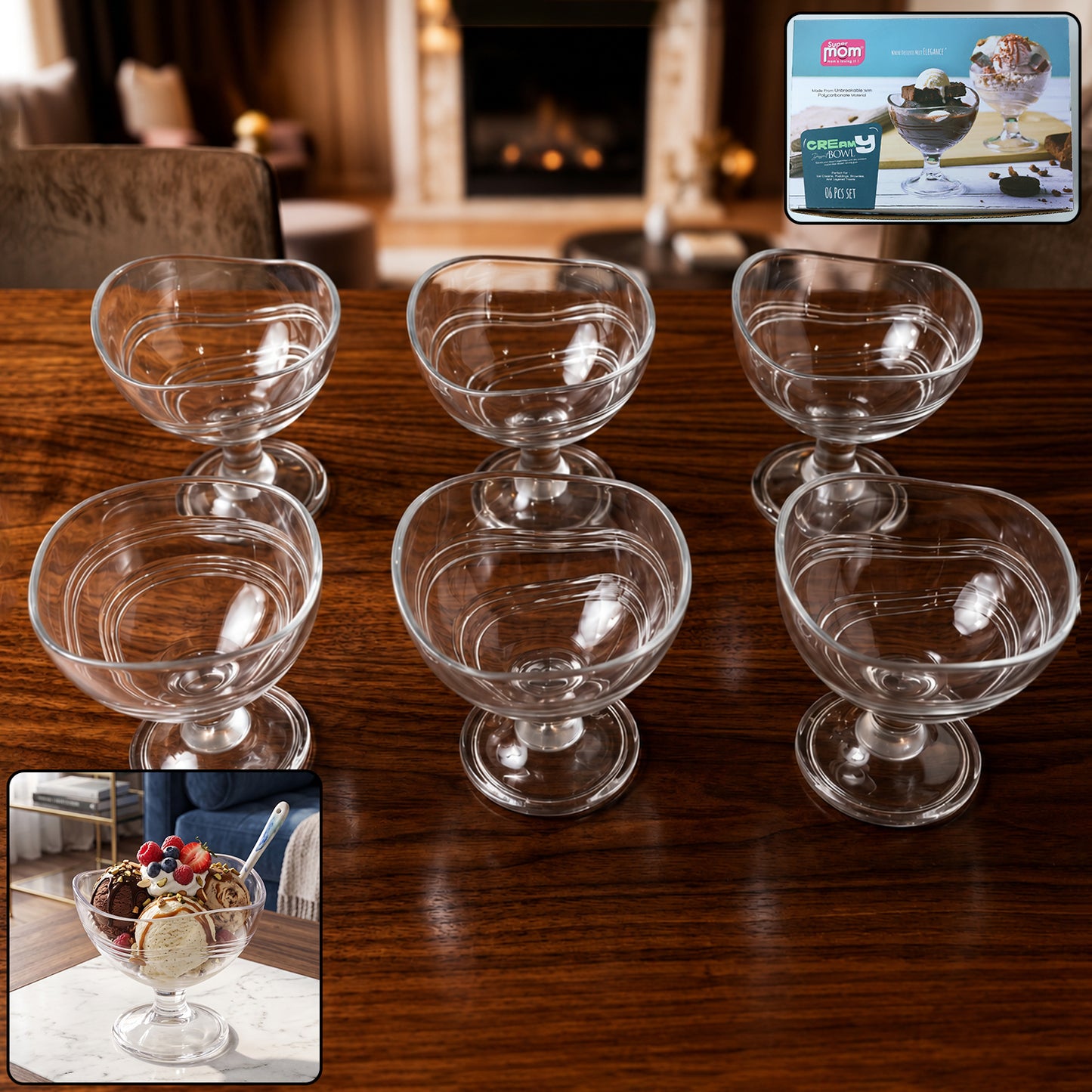 Set of 6 Clear Polycarbonate Dessert Bowls with Stems - Happy Price - Image 2