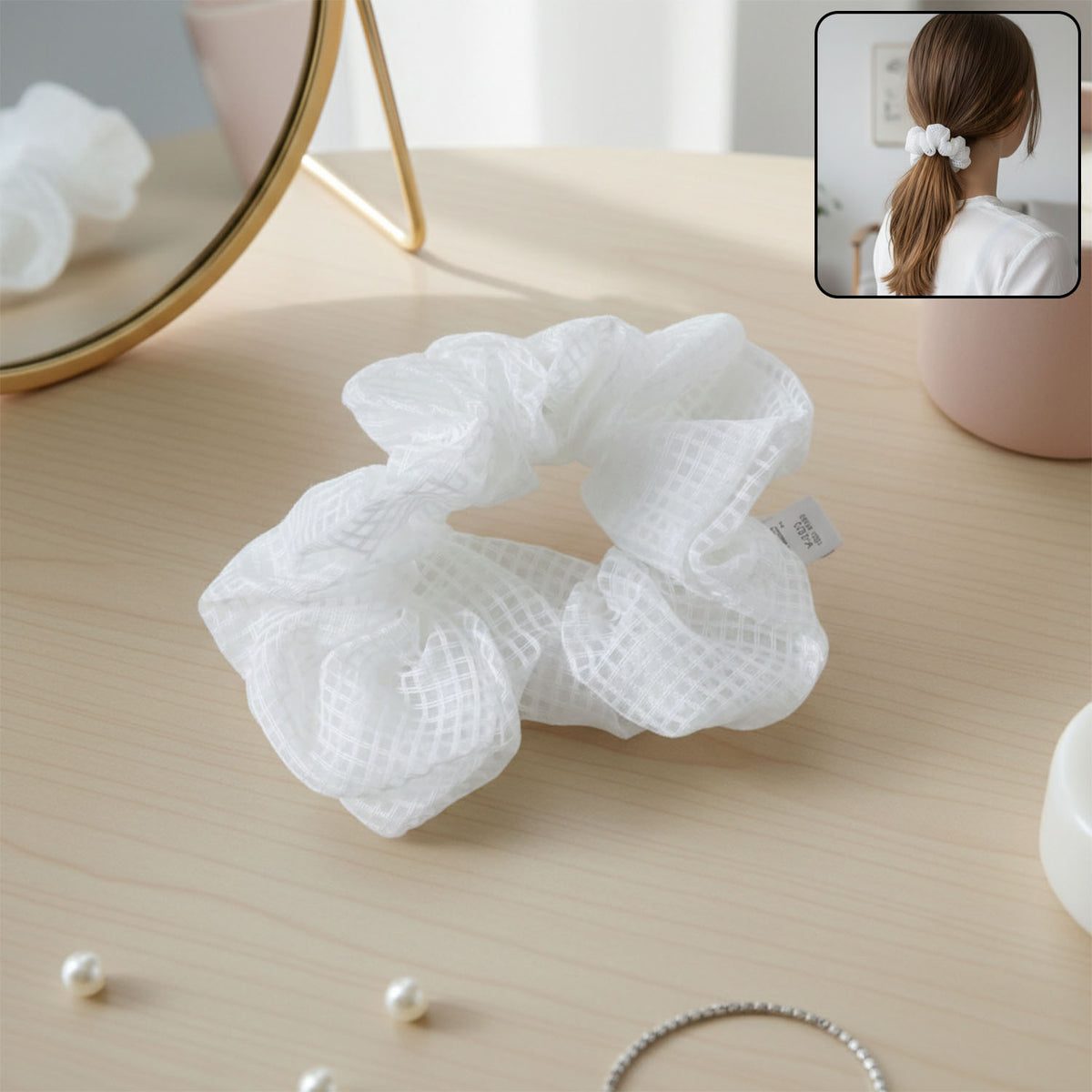 White Mesh Fabric Hair Scrunchie for Ponytails & Buns (1 Pc) - Happy Price - Image 2