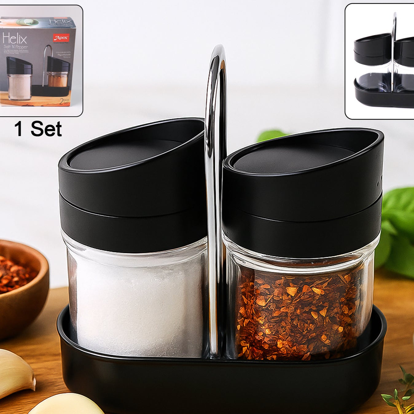 Apex Helix Salt N Pepper 2-piece Plastic Jar Set With Stand - Happy Price - Image 1