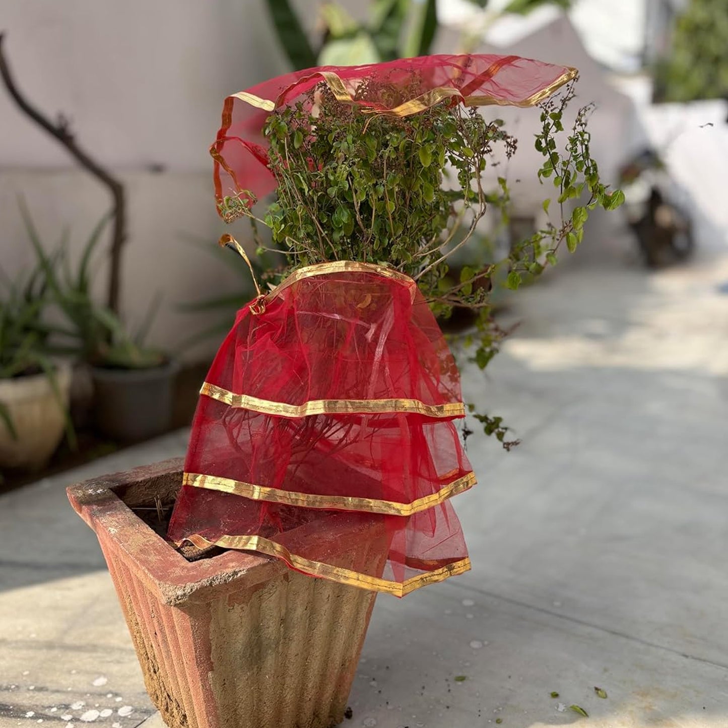 Premium Tulsi Vastra Pooja Cloth Set - 2 Pcs Red with Gold Border - Happy Price - Image 4