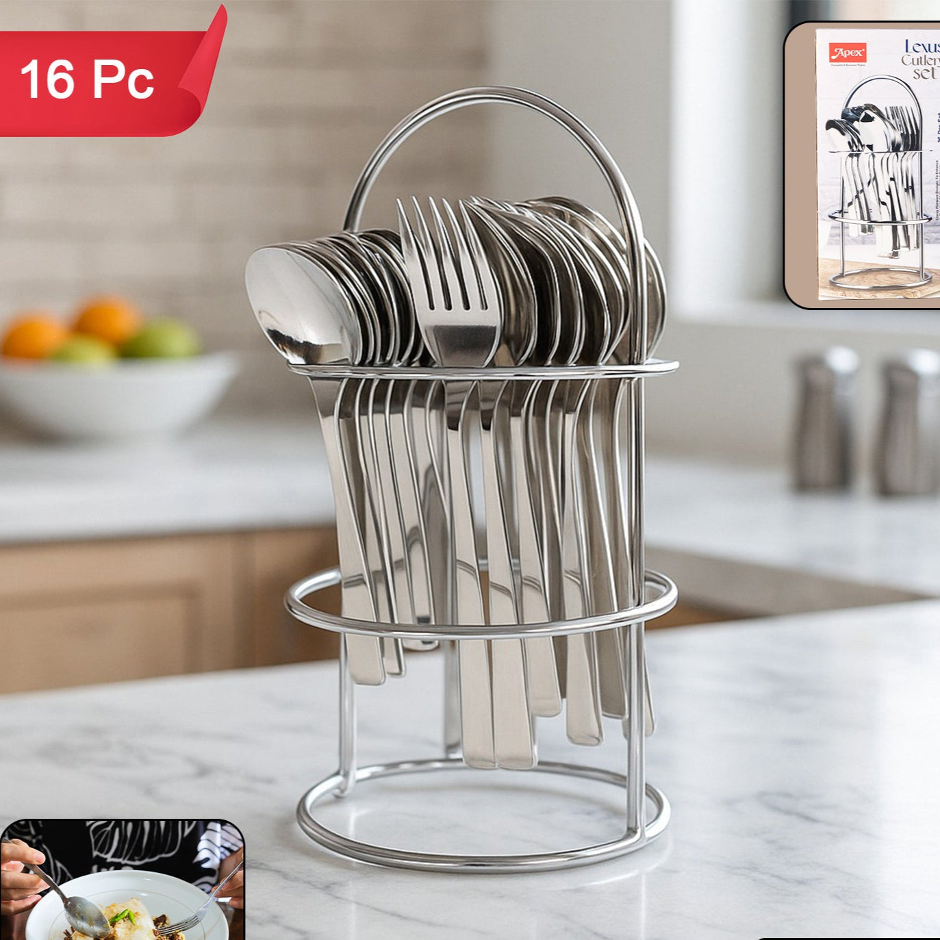 16 Piece Stainless Steel Cutlery Set with Stand - Happy Price - Image 1