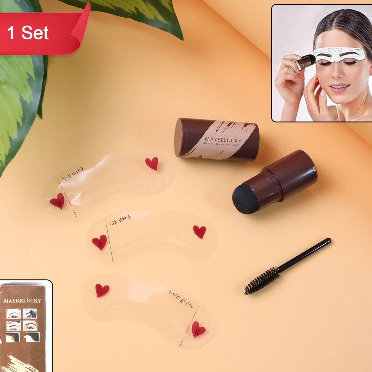 2-in-1 Hairline & Eyebrow Shaping Kit - Powder Stick, Stencils & Brush - Happy Price - Image 1