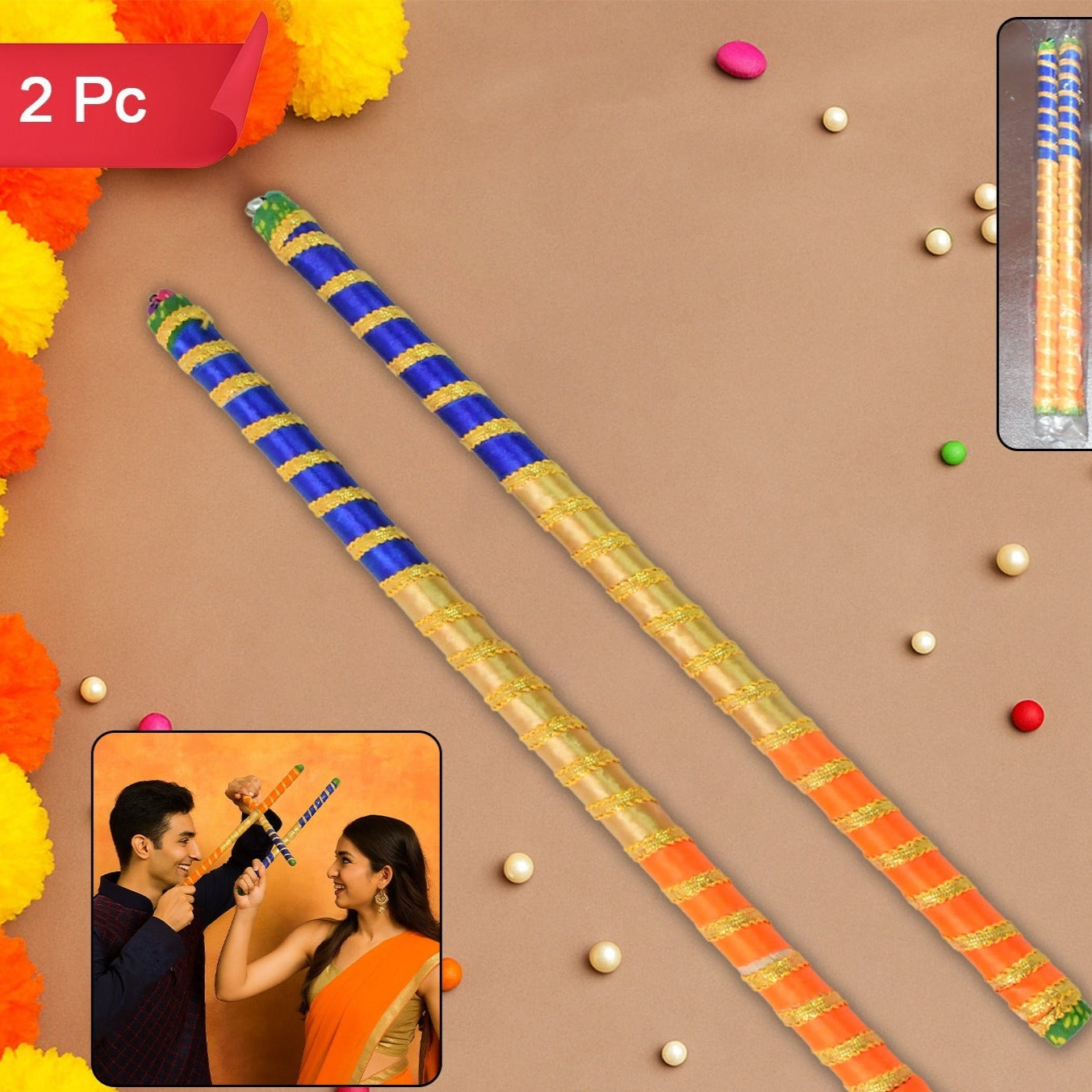Traditional Decorative Dandiya Sticks Pair For Navratri Garba (2 Pc) - Happy Price - Image 1