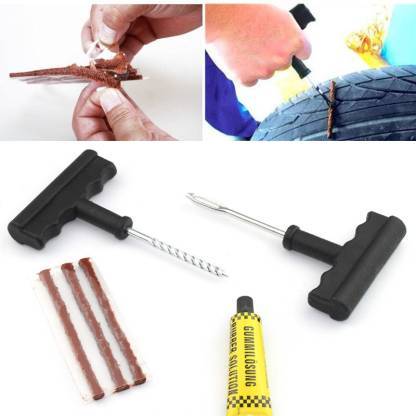 Puncture Repair Kit Tubeless Tyre Full Set With Nose Pliers Rubber Cement And Extra Strips For Cars Bikes - Happy Price - Image 1