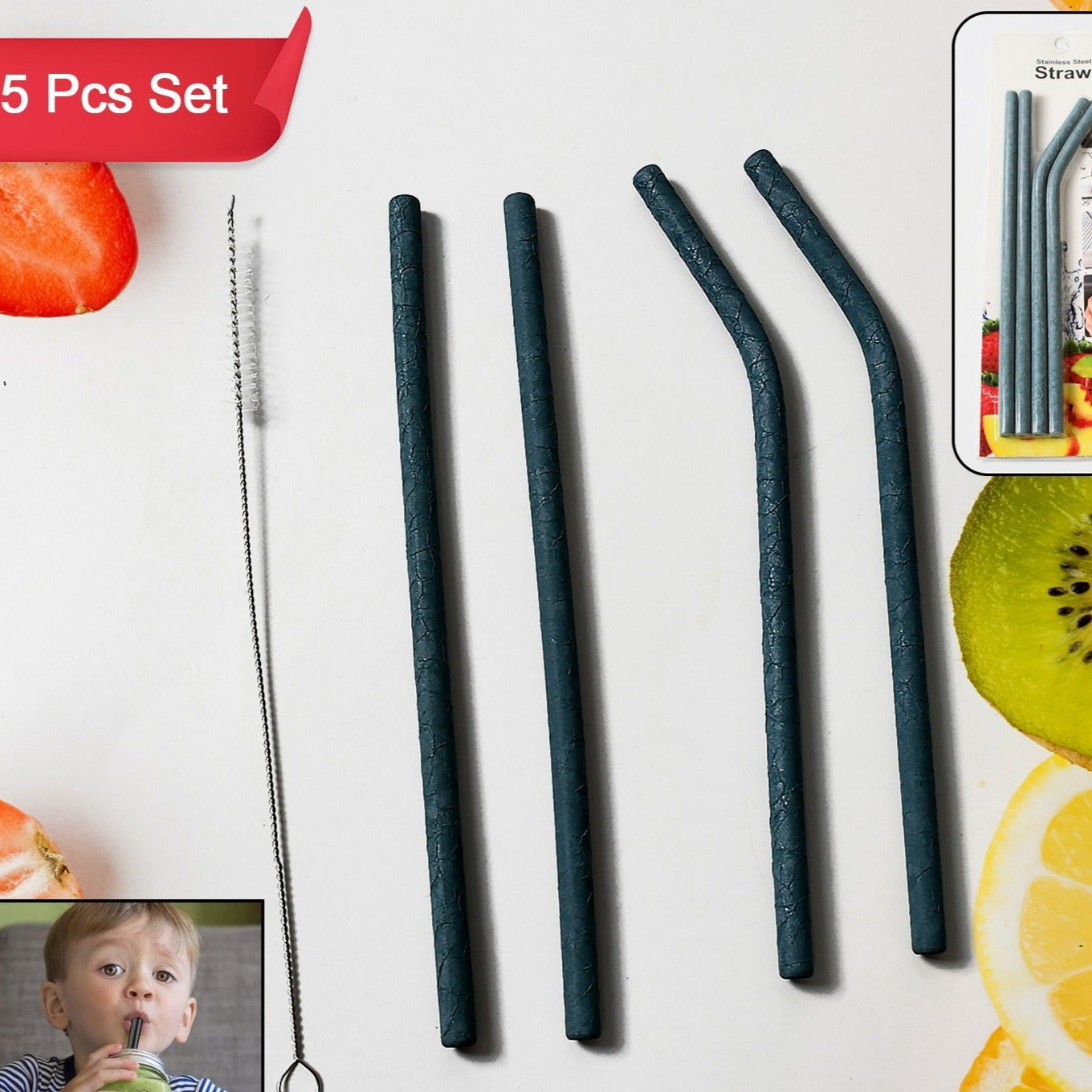 Reusable Stainless Steel Straw With Cleaning Brush Long Drinking Straws For Coffee Tumbler Travel Mug Cup Dishwasher Safe For Toddlers Kids (5 Pcs Set) - Happy Price - Image 1