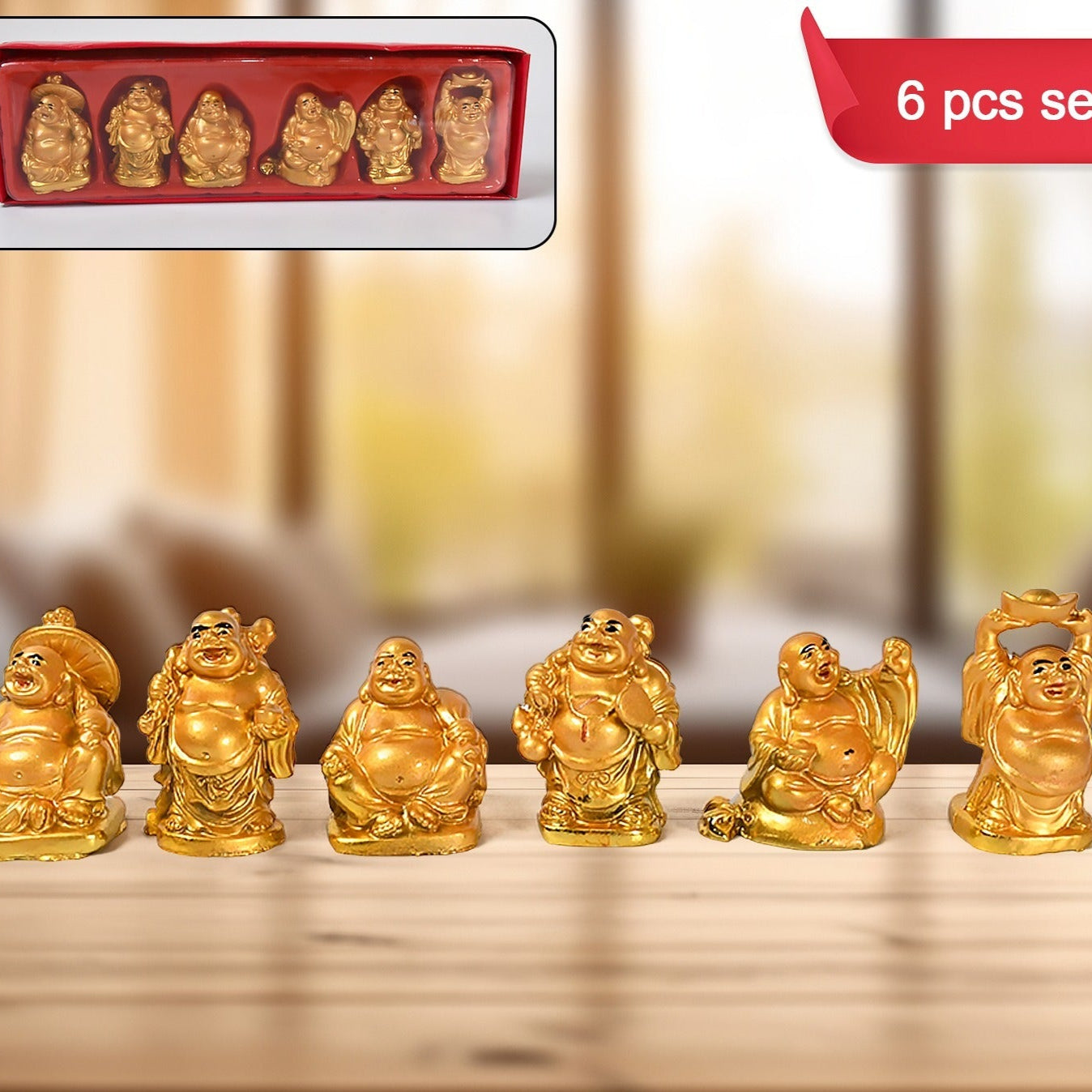Golden Laughing Buddha Set Of Six Pieces Statue For Happiness Wealth Good Luck Decor For Wealth And Success (6 Pcs Set) - Happy Price - Image 1
