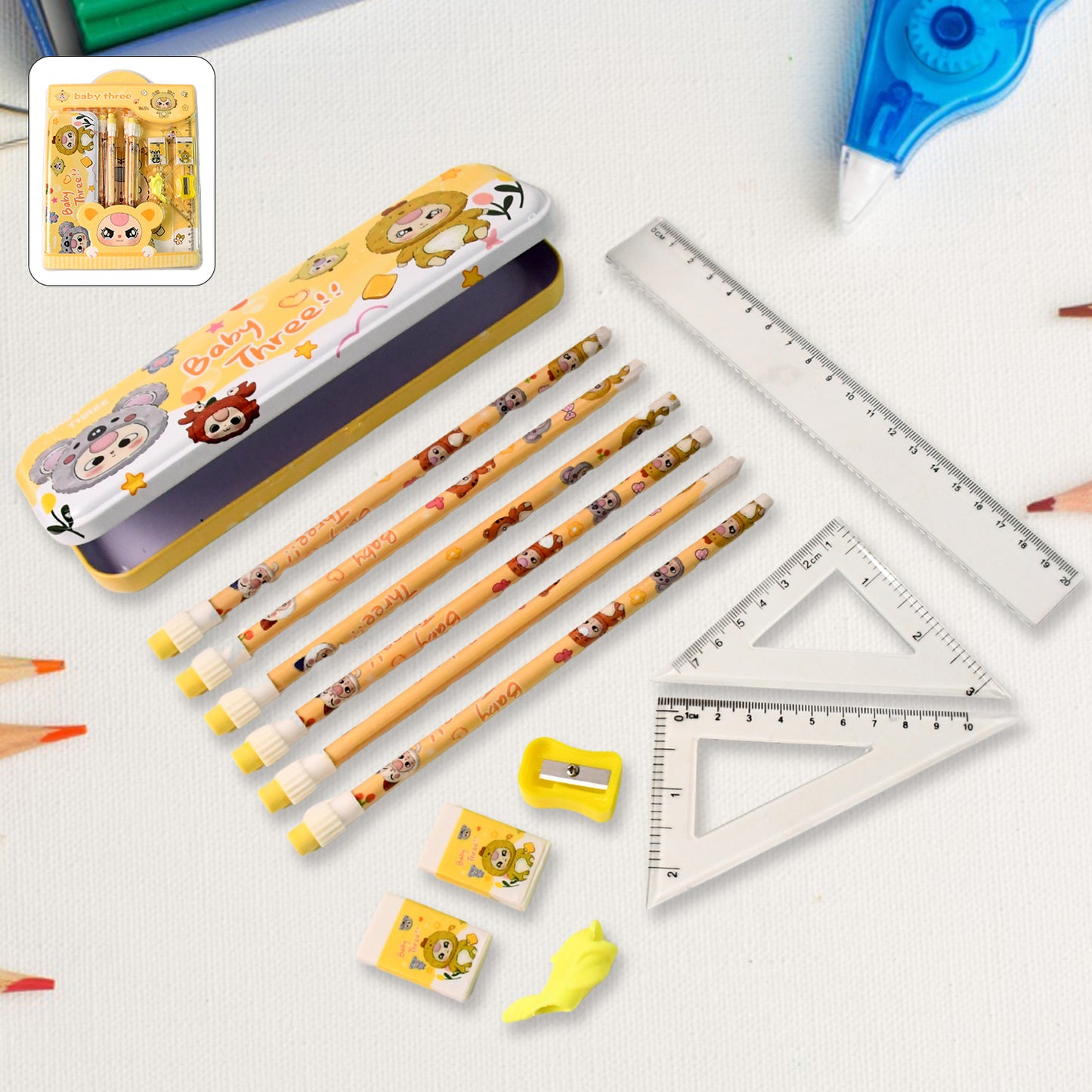 14-in-1 Kids Stationery Set with Cartoon Metal Pencil Box, Printed Pencils, Geometry Tools - Great Price - Image 2