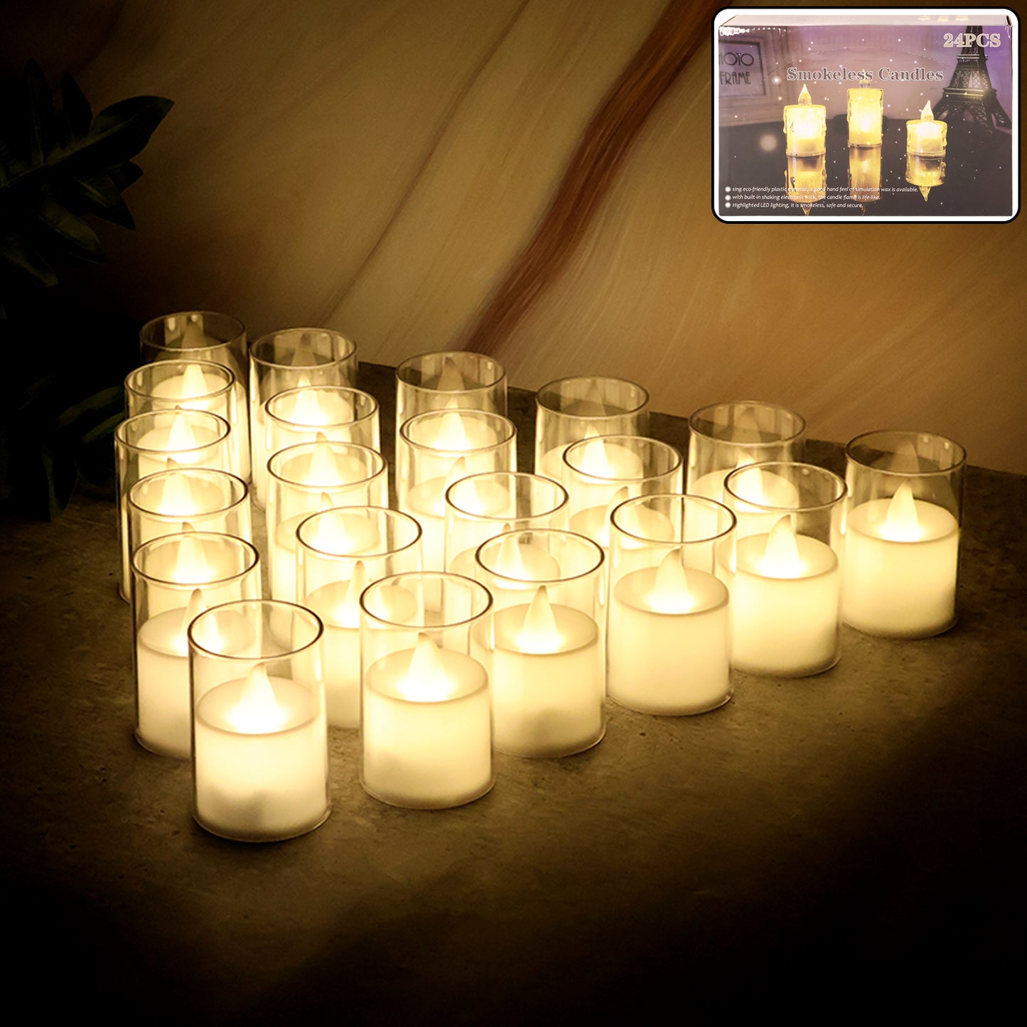 24 Pc Flameless LED Tealight Candles with Glass Holders - Smokeless & Safe Decorative Lights - Happy Price - Image 3