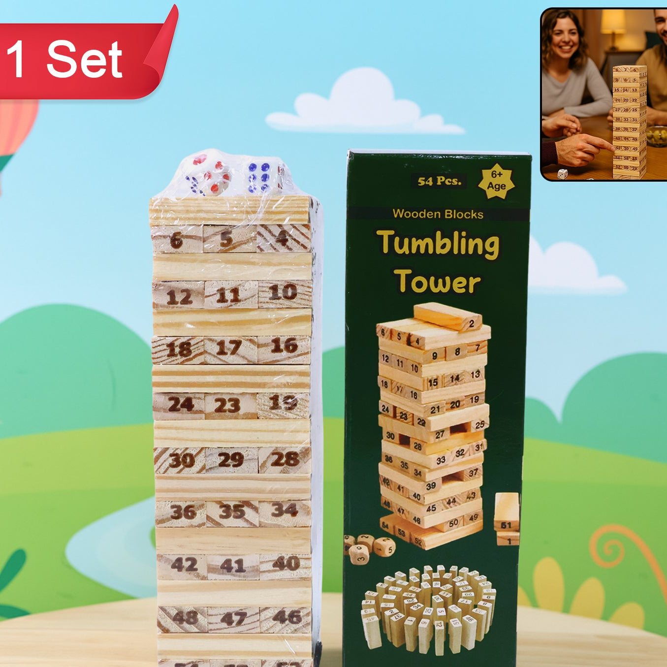 54 Pcs Wooden Tumbling Tower Game - Numbered Blocks & Dice for Family Fun - Happy Price - Image 1
