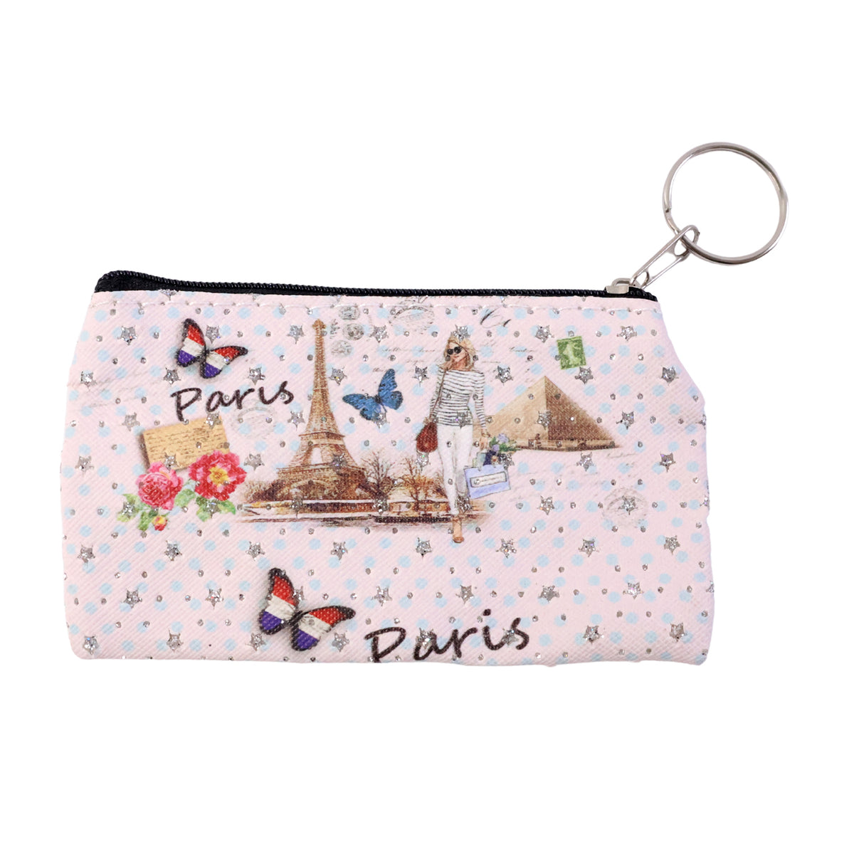 Small Paris Print Zipper Pouch with Key Ring - 1 Pc - Happy Price - Image 4