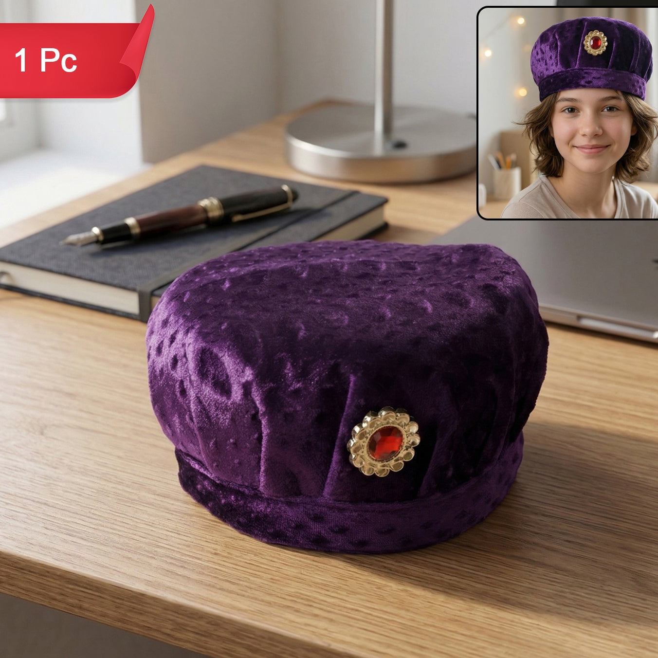 Soft Velvet Festive Cap for Boys (1 Pc) - Traditional Design with Stone Brooch - Great Price - Image 1