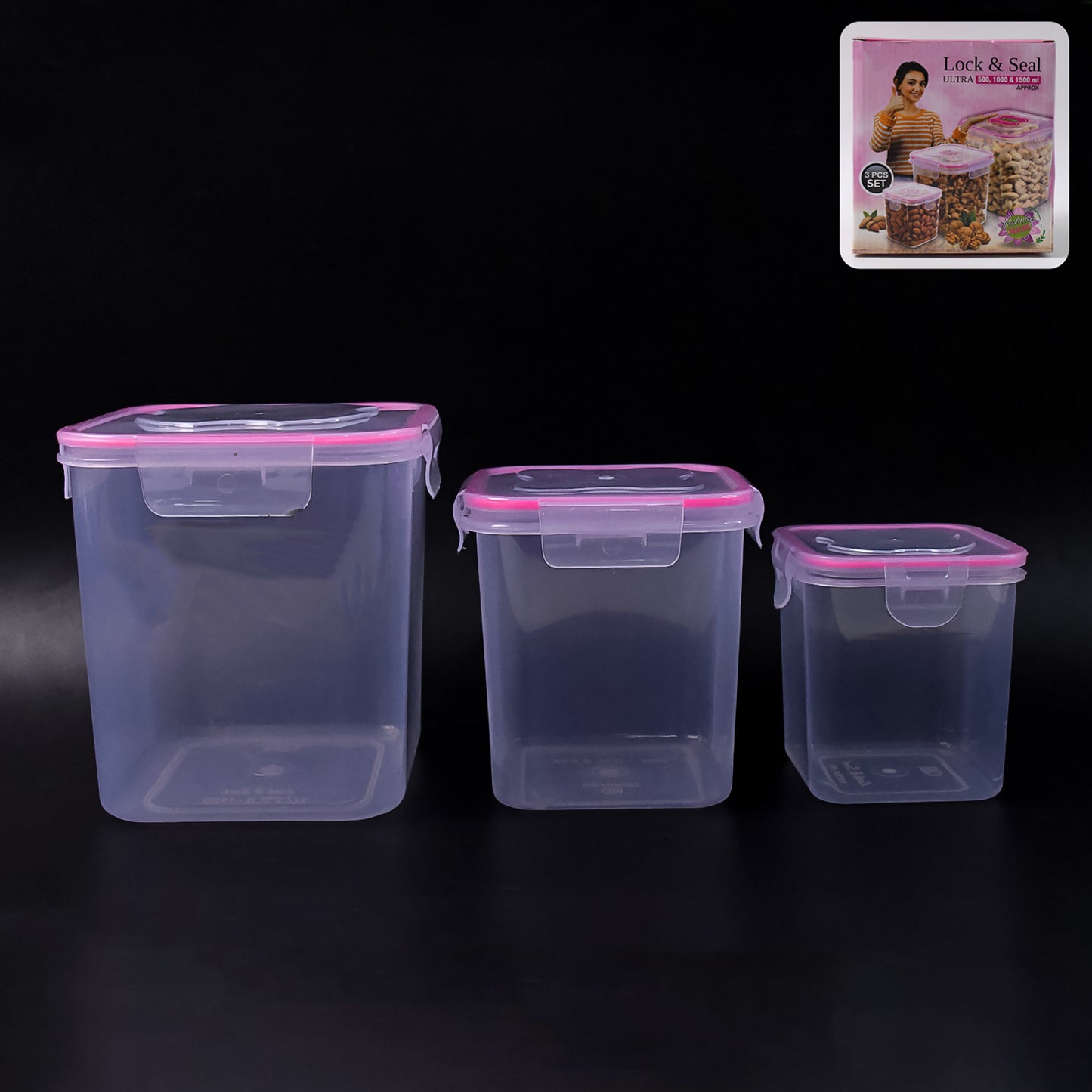 Kitchen Storage Container Set - 3 Pcs (1500ml, 1000ml, 500ml) Airtight Food Grade Plastic - Happy Price - Image 2