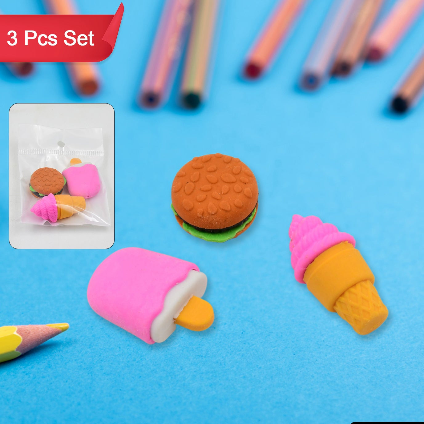Mix Design Fancy Stylish Colorful Erasers (1 Set 3 Pc Set) - Happy Price - Image 1