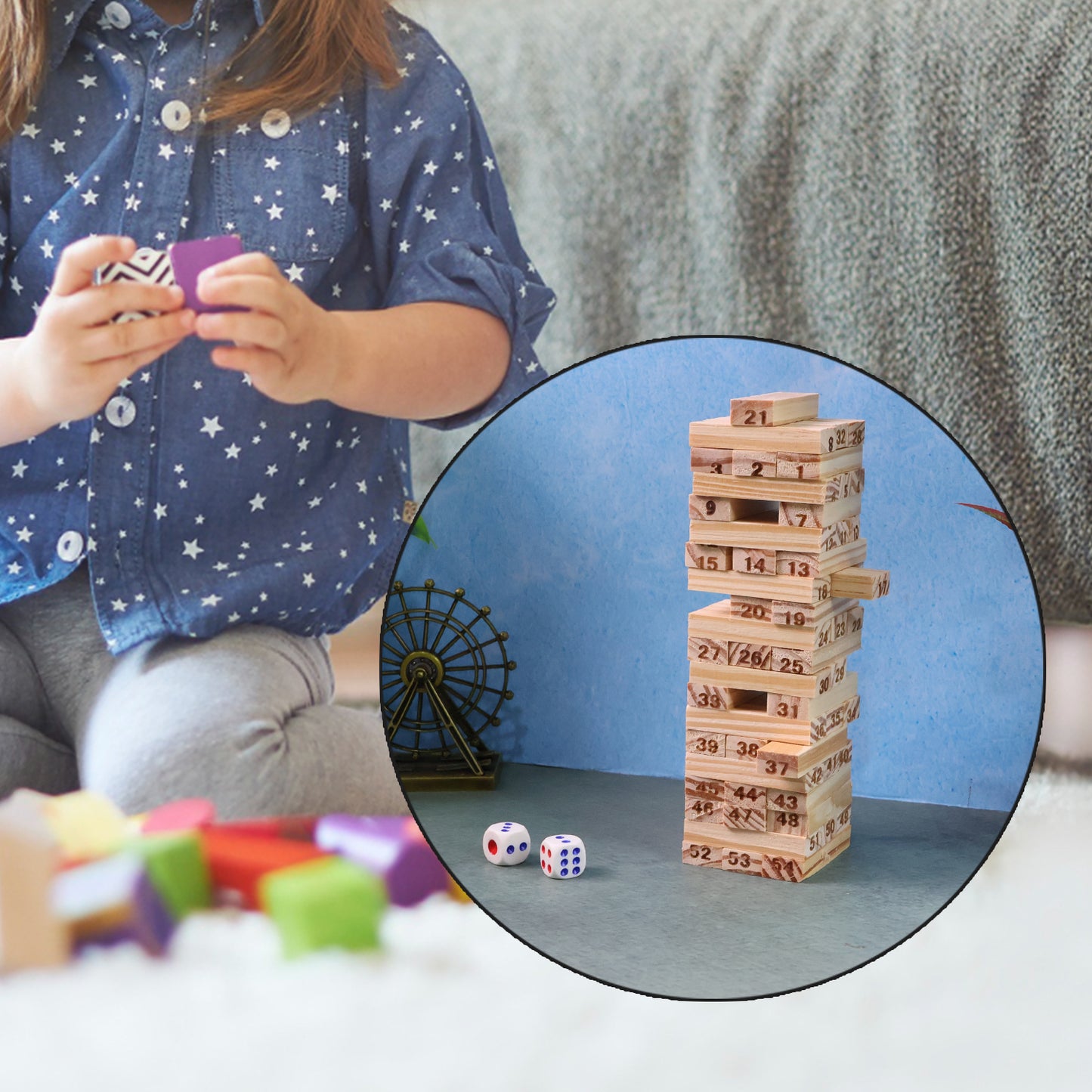 Wooden Block Stacking Game - 54 Numbered Pieces & 2 Dice - Happy Price - Image 4