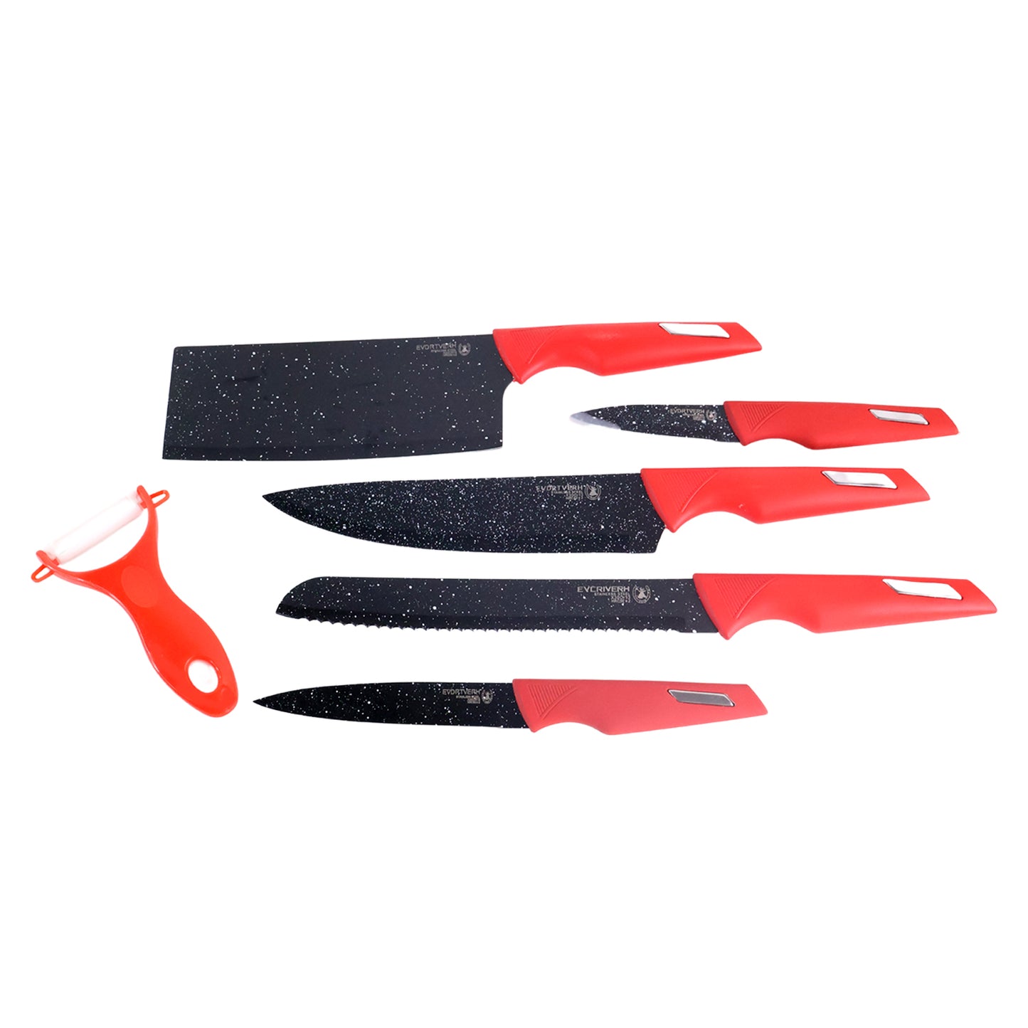 6 Piece Kitchen Knife Set with Marble-Coated Blades and Red Handles - Happy Price - Image 4