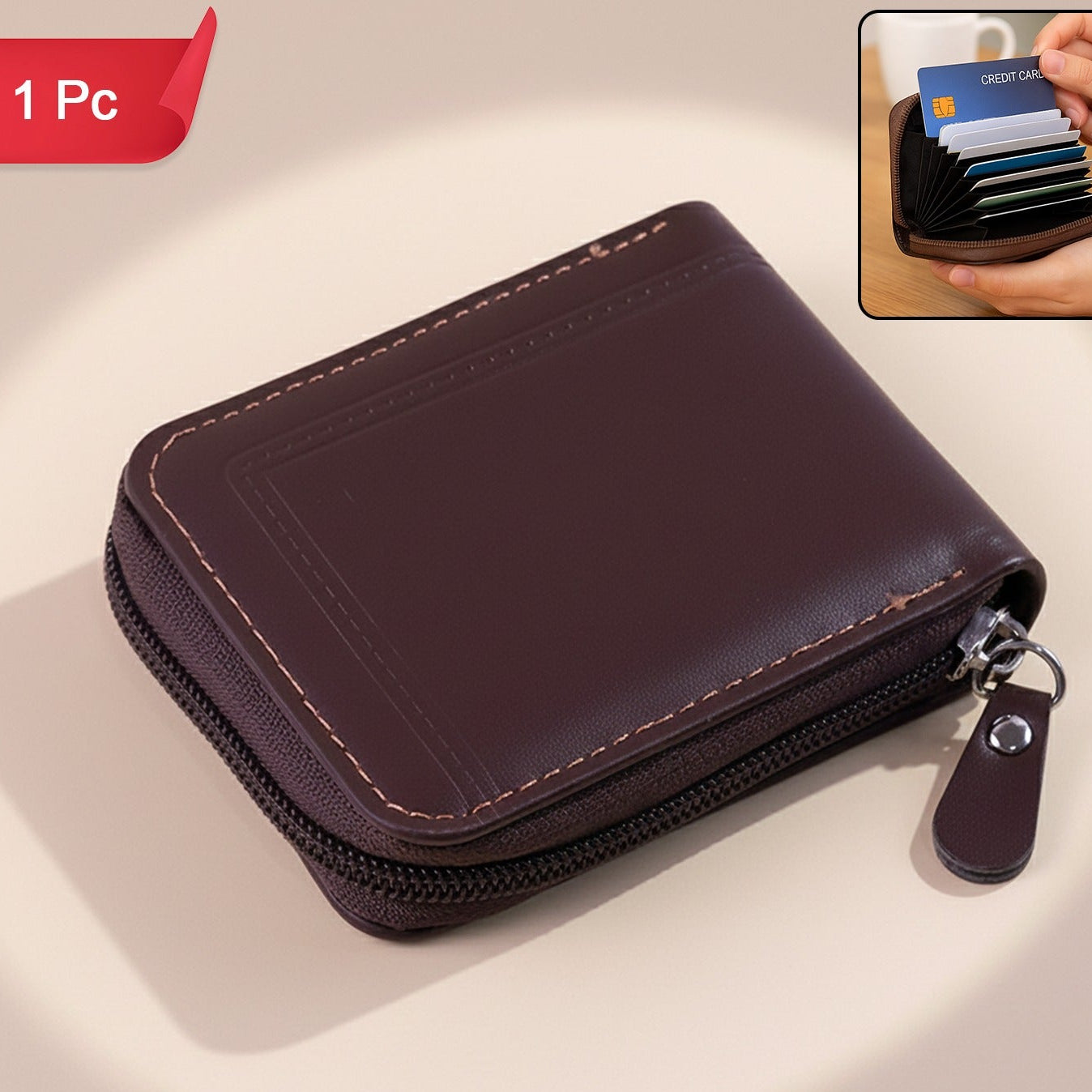 Compact Zip-Around Card Holder Wallet (1 Pc) - Accordion Slots for Cards & Cash - Happy Price - Image 1
