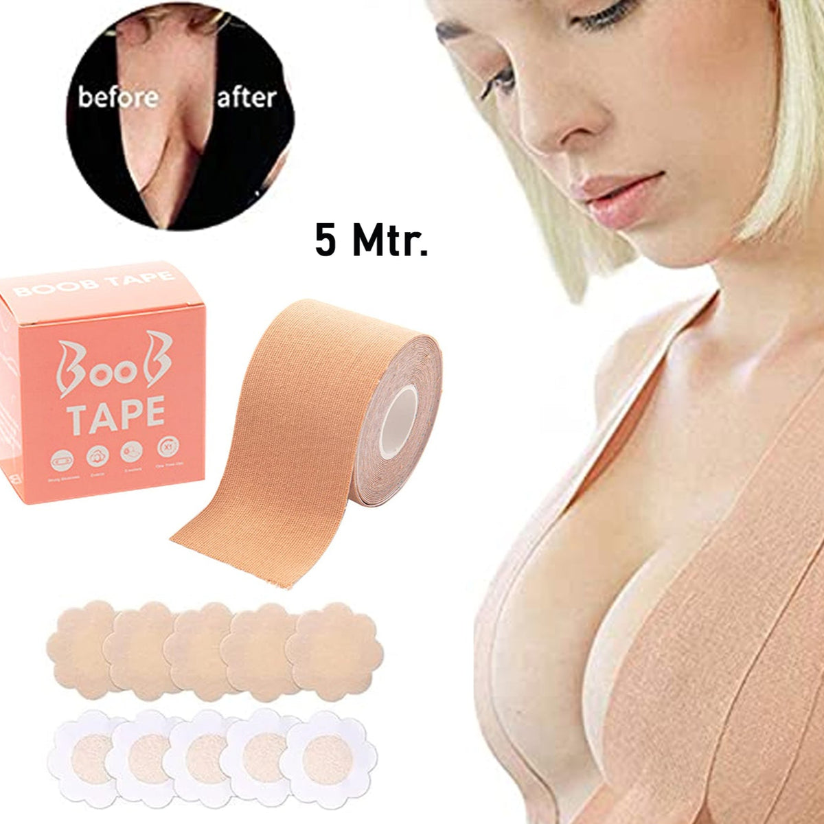 Boob Tape With 10 Pairs Nipple Cover Cotton Wide Thin Breast Tape - Womens Girls Breast Lift Booby Tape - Push Up Lifting Tape - Suitable For All Breast Types - Breast Lift Bra Tape - Bob Tape For Natural Breast Lift (1 Pc 5 Meters) - Happy Price - Image 1