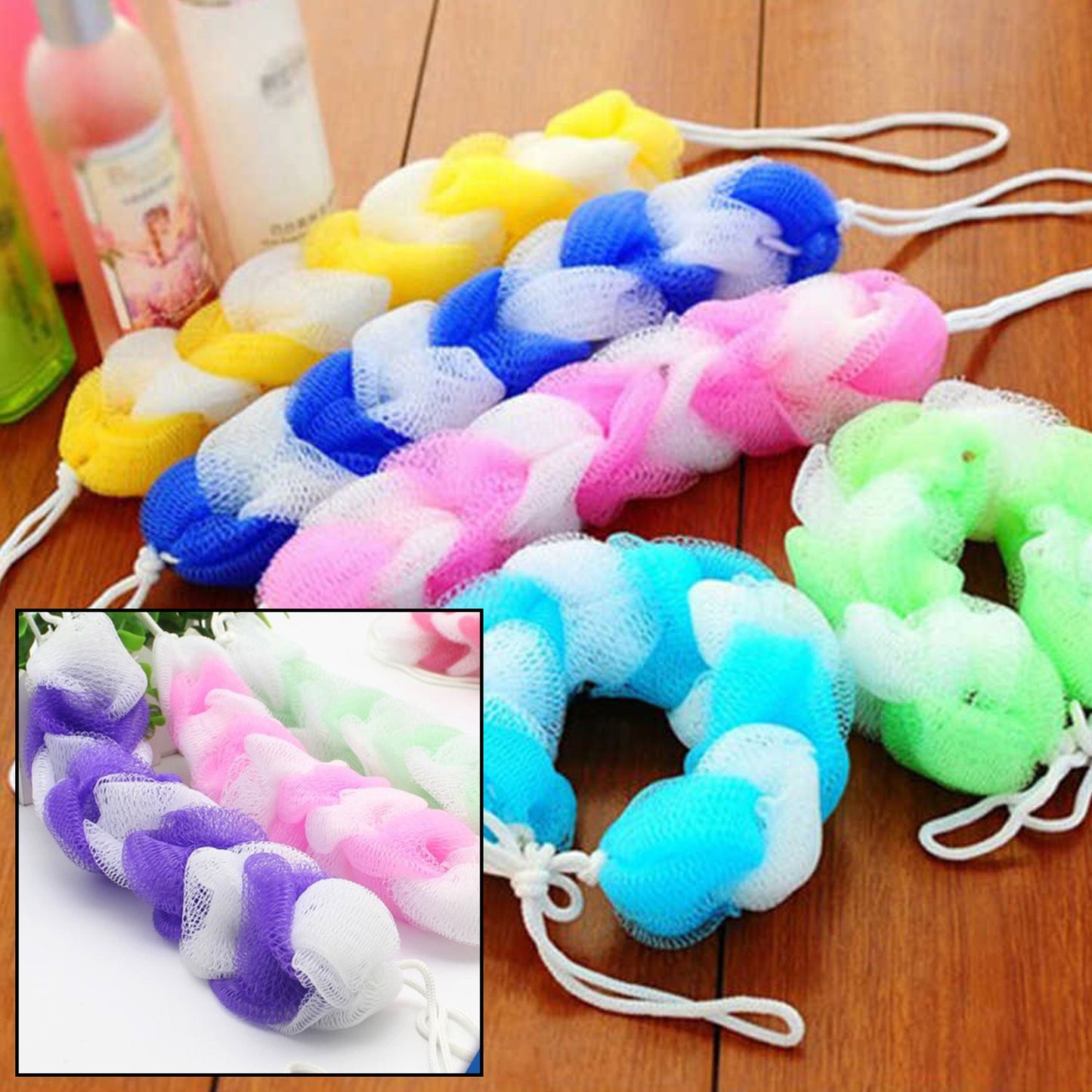 Hanging Bath Shower Long Loofah Sponge Pouf Body Scrubber Small Size (Pack Of 6) - Happy Price - Image 3