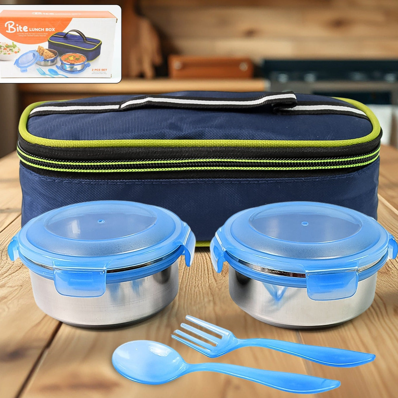 Bite Lunch Box With Insulated Fabric Lunch Bag Plastic Spoon Fork - Happy Price - Image 1