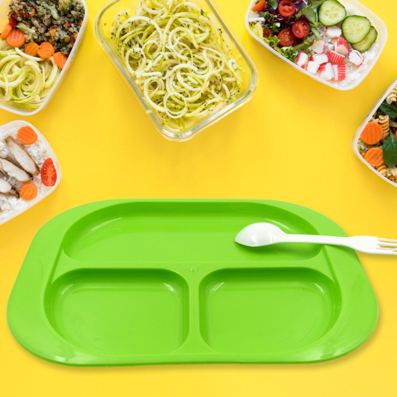 3 Compartment Food Plates with Spoon - Reusable, BPA-Free, Square Snack Plates (1 Pc) - Happy Price - Image 1