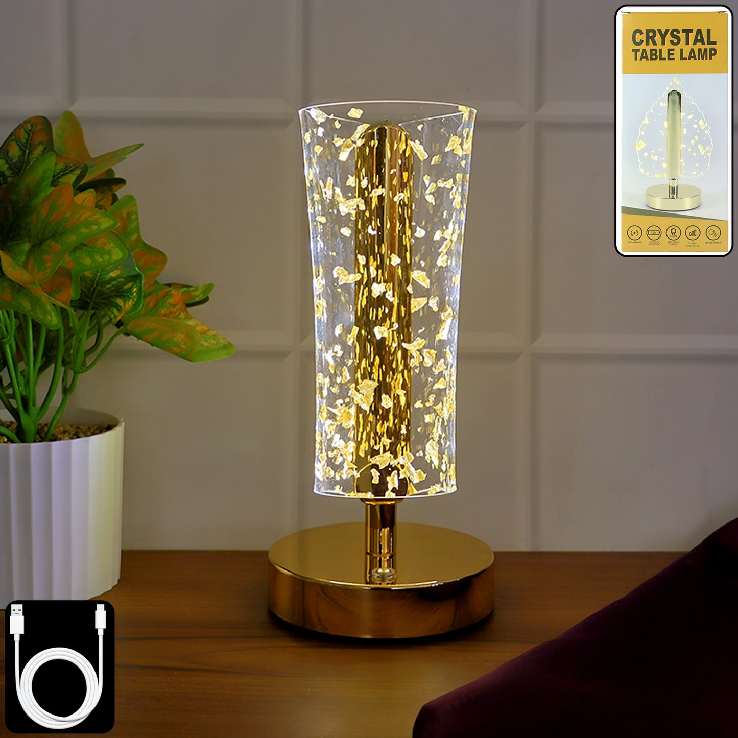 Golden Crystal LED Table Lamp with Flakes, USB Rechargeable, 1 Pc - Happy Price - Image 6