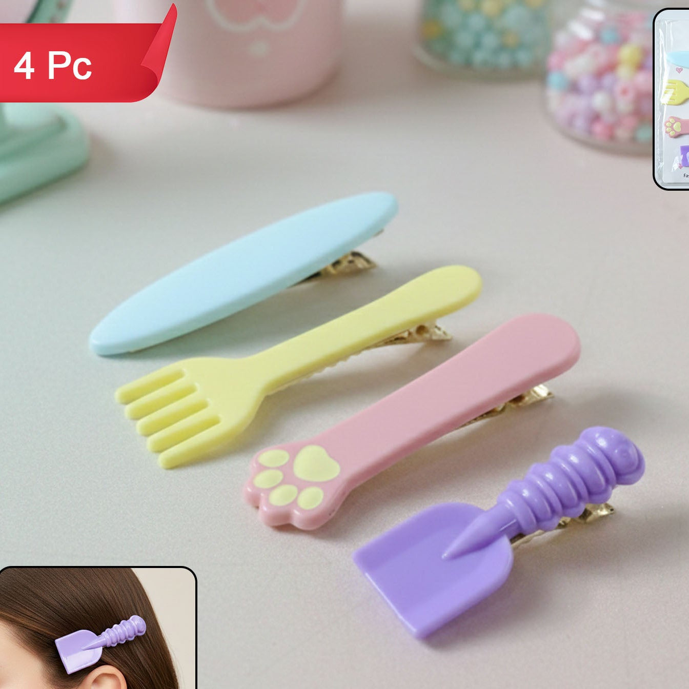 Cute Cartoon Hair Clips Set (4 Pc) - Stylish Girls Hair Accessories - Happy Price - Image 1