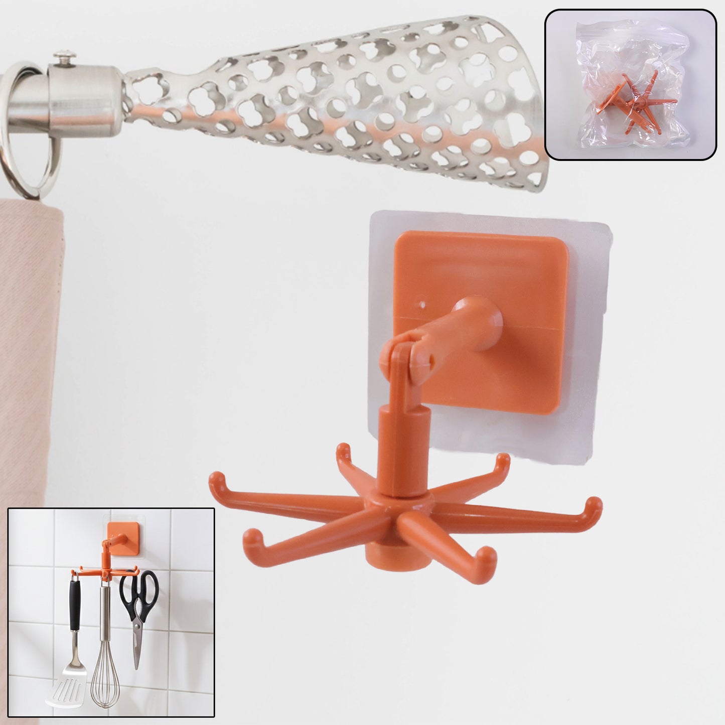 Orange 360° Rotating Wall Hook Organizer for Kitchen Utensils - Adhesive Swivel Hanger (1 Pc) - Happy Price - Image 5