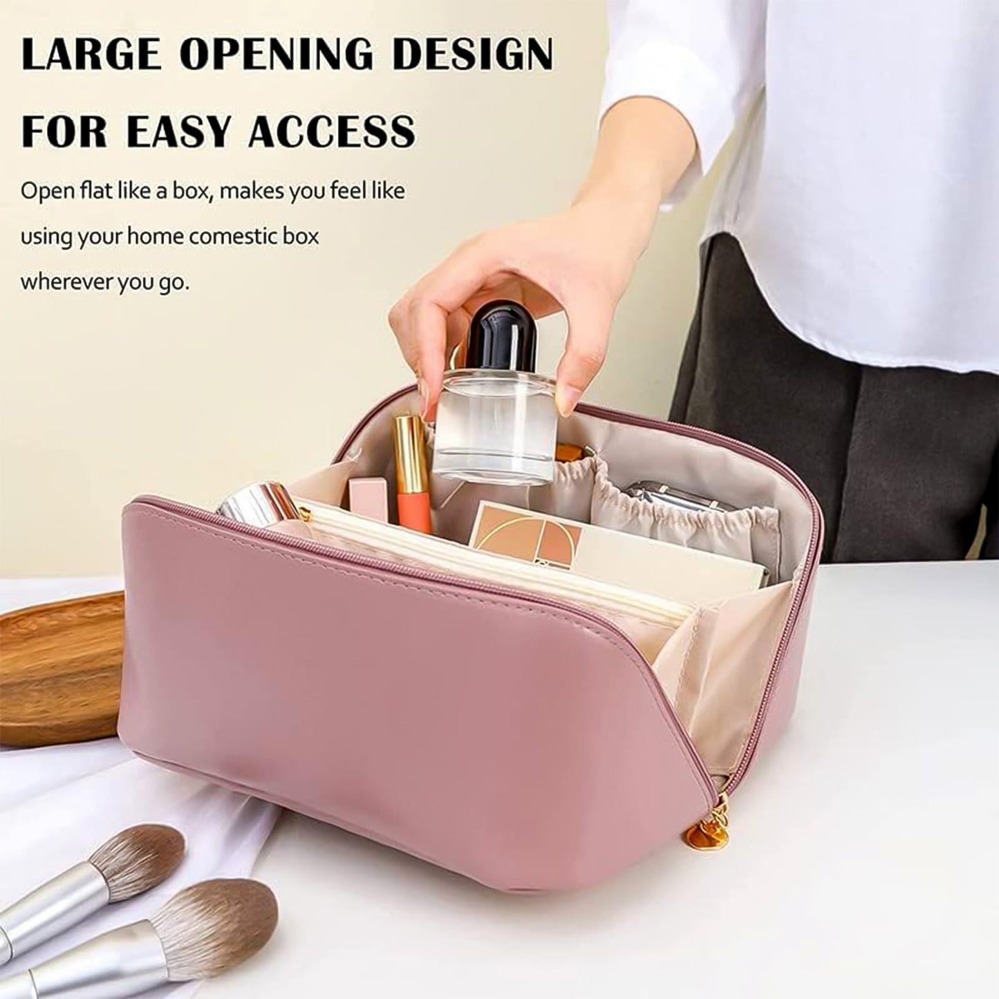 Premium Peach Travel Makeup Toiletry Organizer Pouch With Zipper Handle (1 Pc) - Happy Price - Image 5