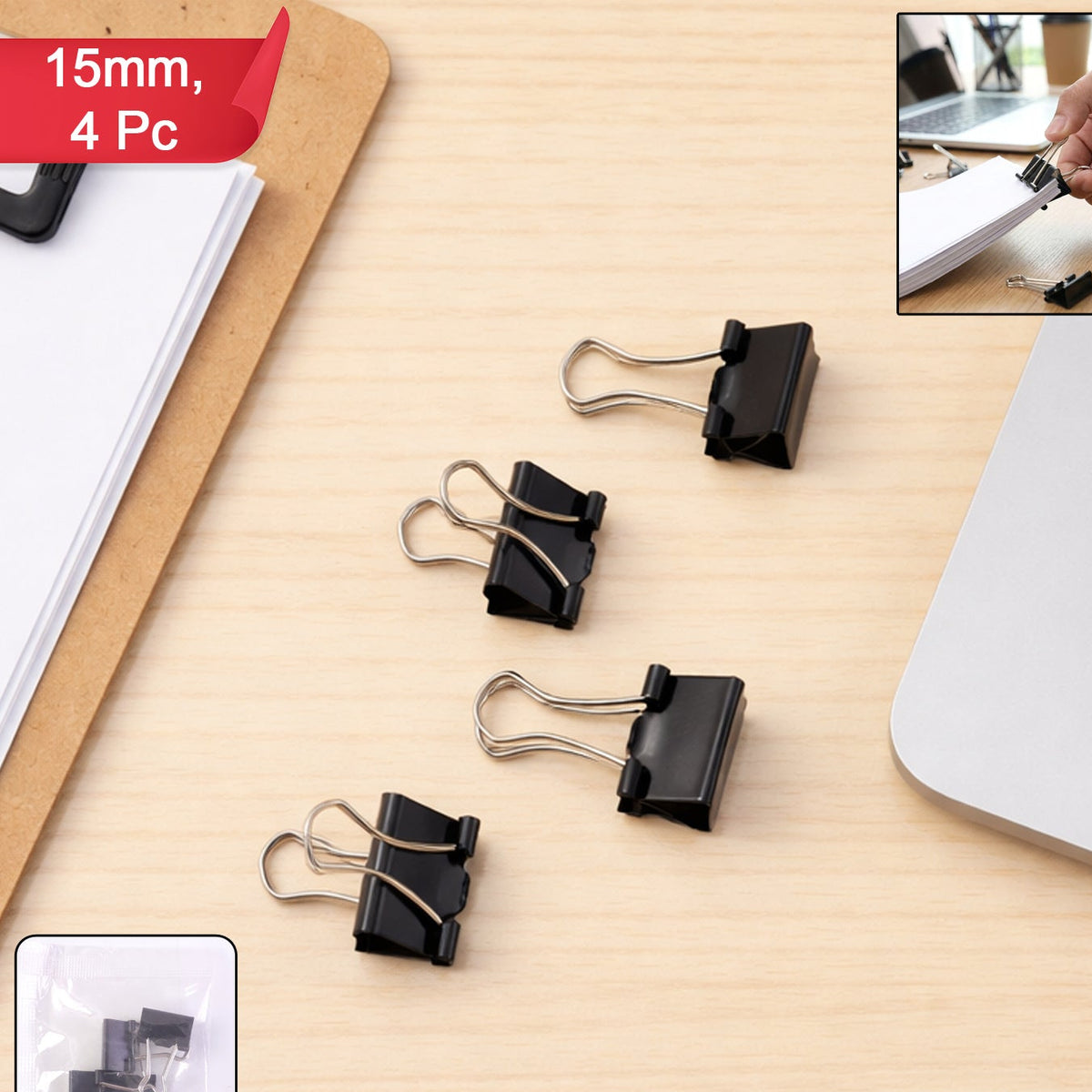 15mm Binder Clips (4 Pc) - Secure Paper Clamps for Office, School & Home - Happy Price - Image 1