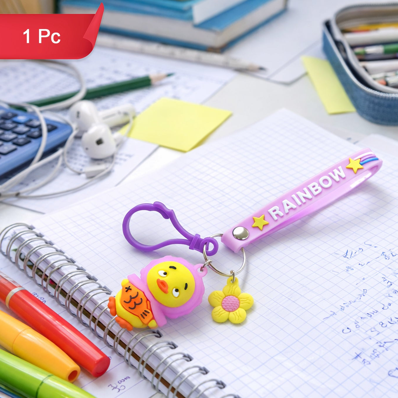 Cartoon Duck Keychain with Rainbow Strap - Silicone Bag Charm (1 Pc) - Happy Price - Image 1