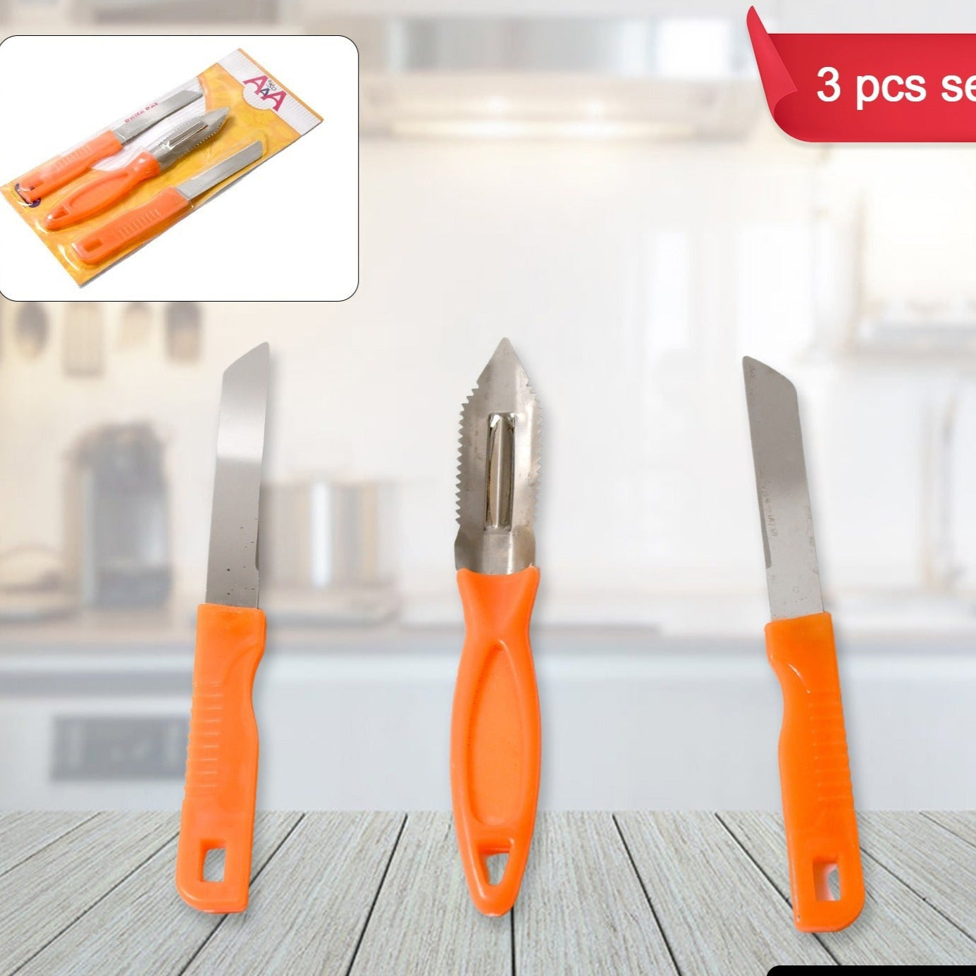 3in1 Multipurpose Stainless Steel Classic Kitchen Knife Set Of 3 For Fruits And Vegetable Chopping Cutting Peeling Kitchen Knife Vegetable Peeler Plain Knife - Happy Price - Image 1