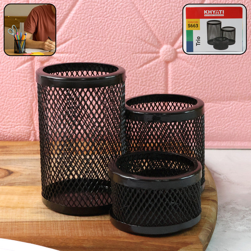 Khyati Trio Metal Mesh Pen Stand - 3-in-1 Round Desk Organizer Set - Happy Price - Image 3