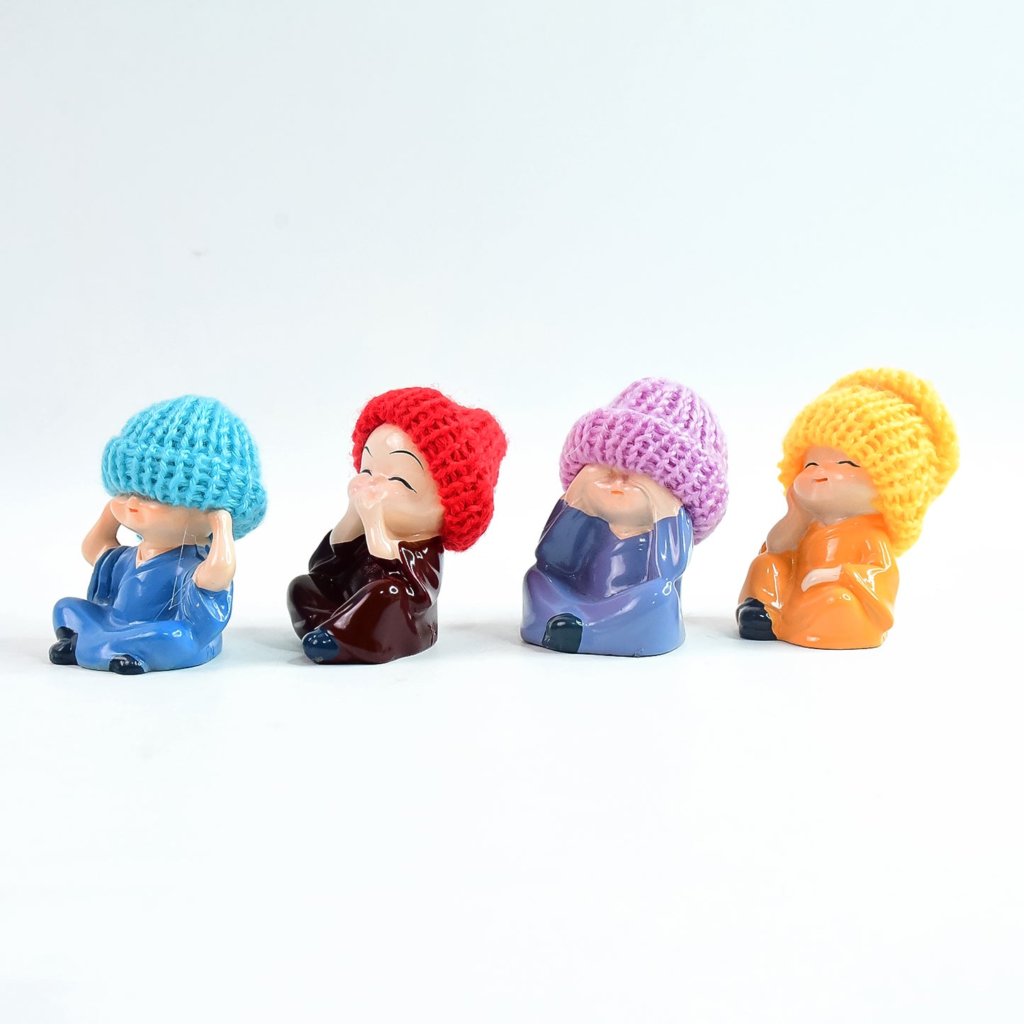 Decorative Resin Monk Buddha Showpiece Set Of 4 With Traditional Straw Hats - Happy Price - Image 2