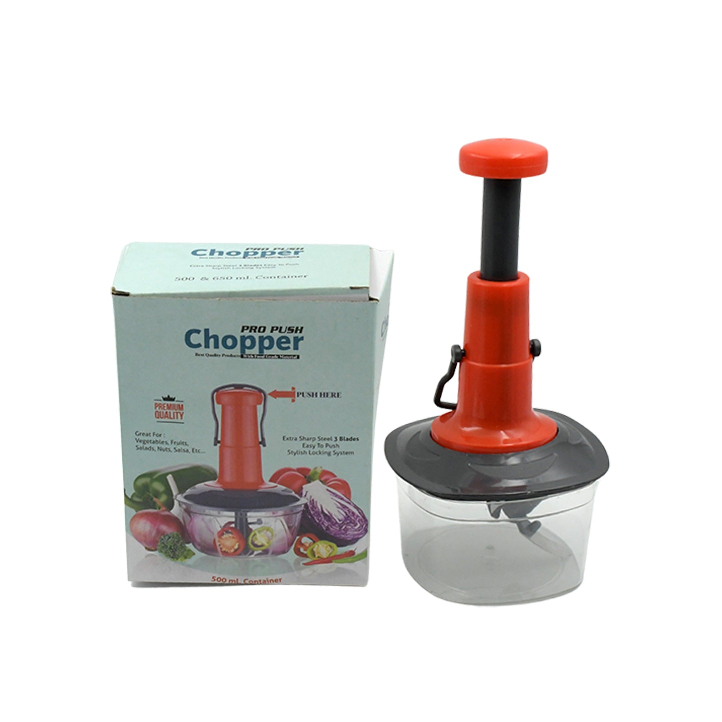 Manual Press Fruit Vegetable Chopper With 3 Stainless Steel Blades Anti-slip Base And Locking System Cutting Chopper For Kitchen (650 Ml) - Happy Price - Image 4