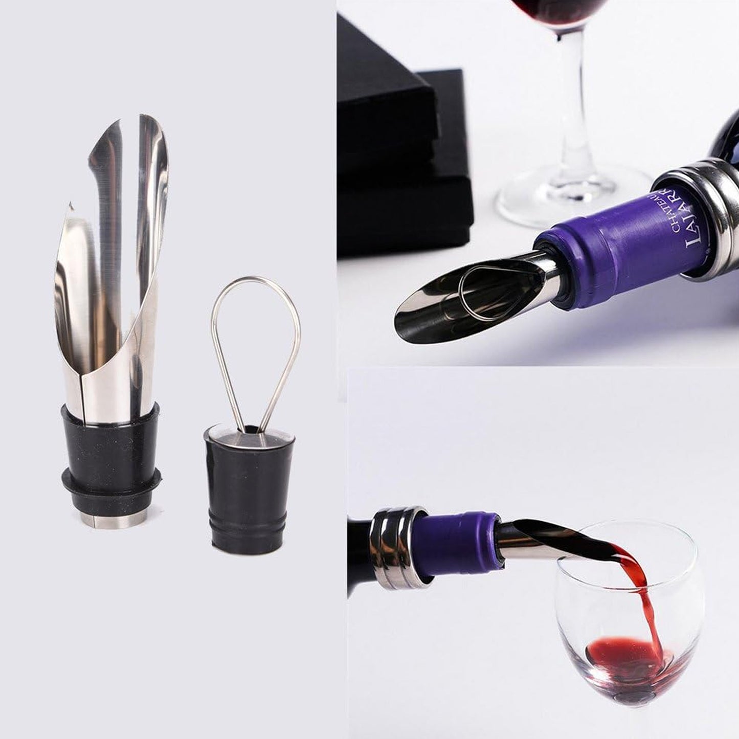 4-in-1 Wine Bar Tool Set in Wine Bottle Case - Stainless Steel Opener, Pourer, Stopper & Drip Ring - Happy Price - Image 3