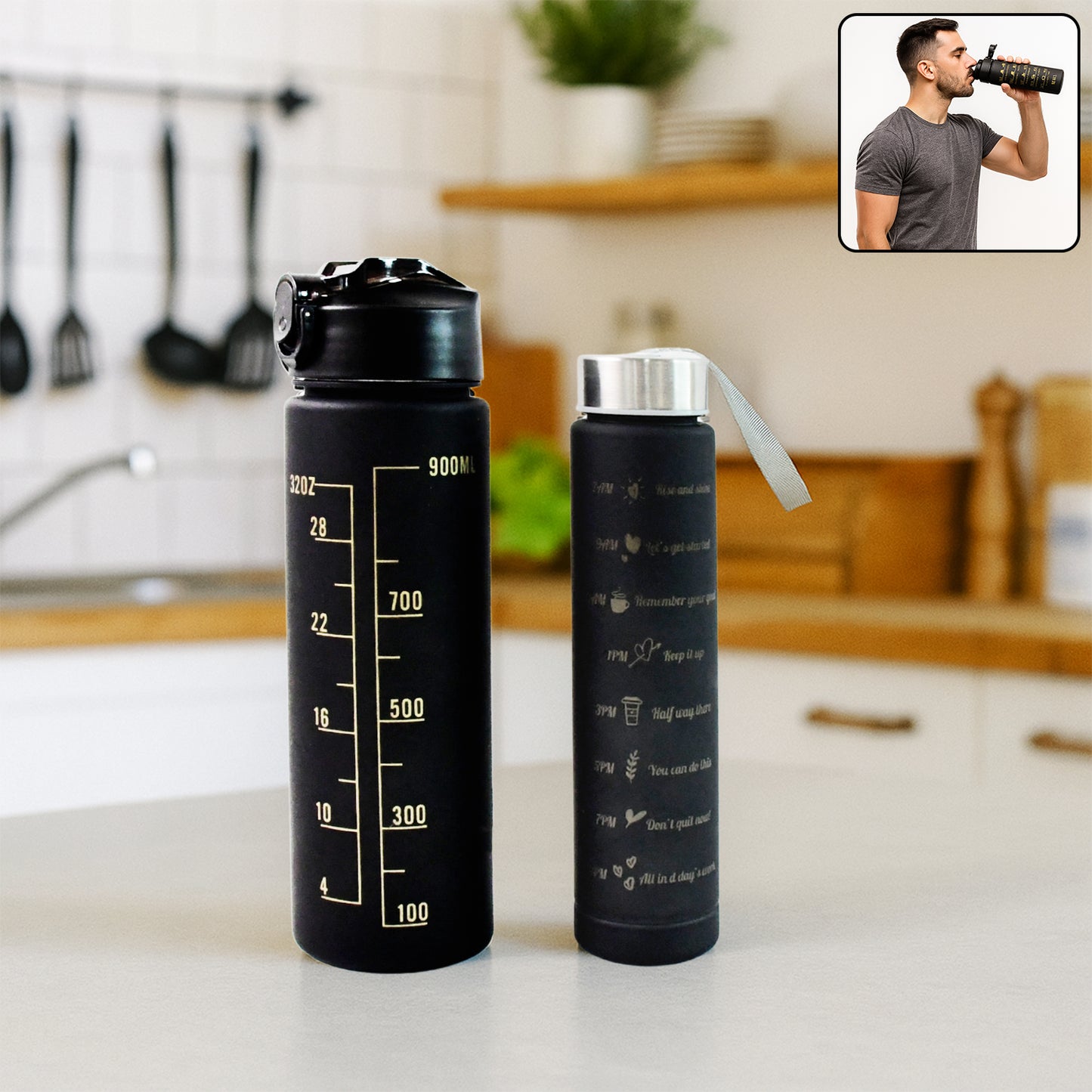 2 Pc Motivational Water Bottle Set - 900 ML & 300 ML Black Sipper Bottles - Happy Price - Image 6