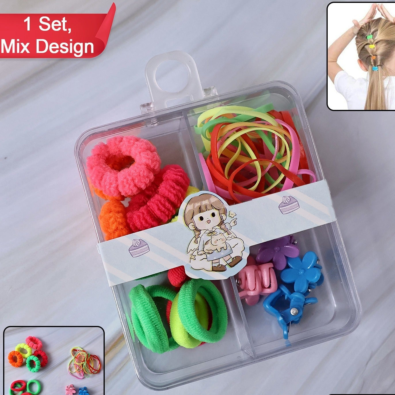 Kids Hair Accessories Set: Bands, Clips & Rubber Bands in Organizer Box (1 Set) - Happy Price - Image 1