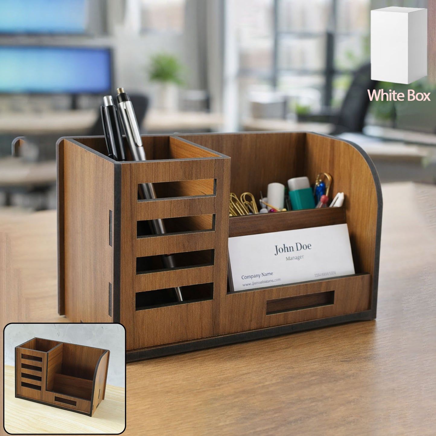 Wooden Desk Organizer with Phone Stand, Pen & Card Holder - 1 Pc - Happy Price - Image 2