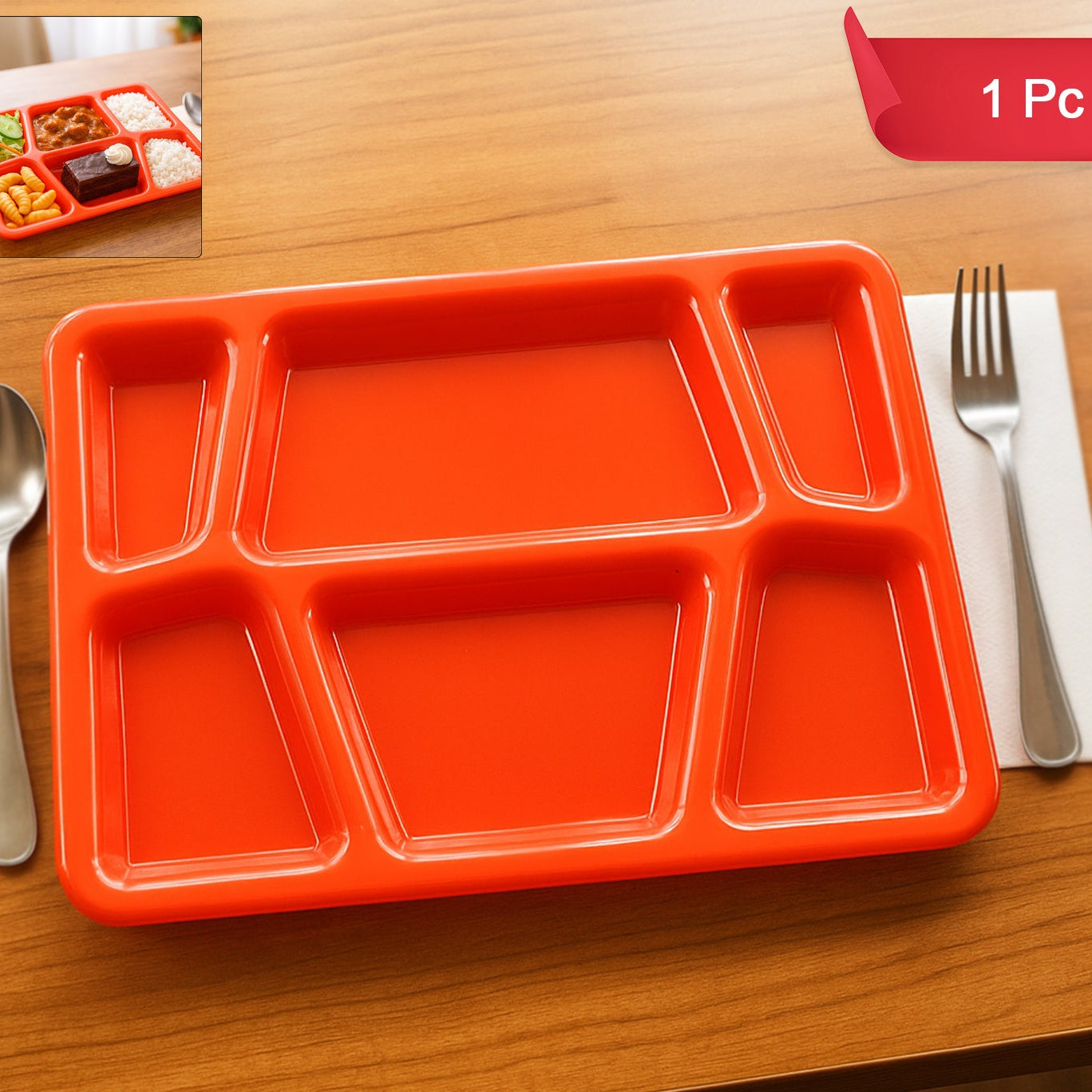 Plastic Multi-Compartment Meal Serving Tray - 6 Sections, Red (1 Pc) - Happy Price - Image 1