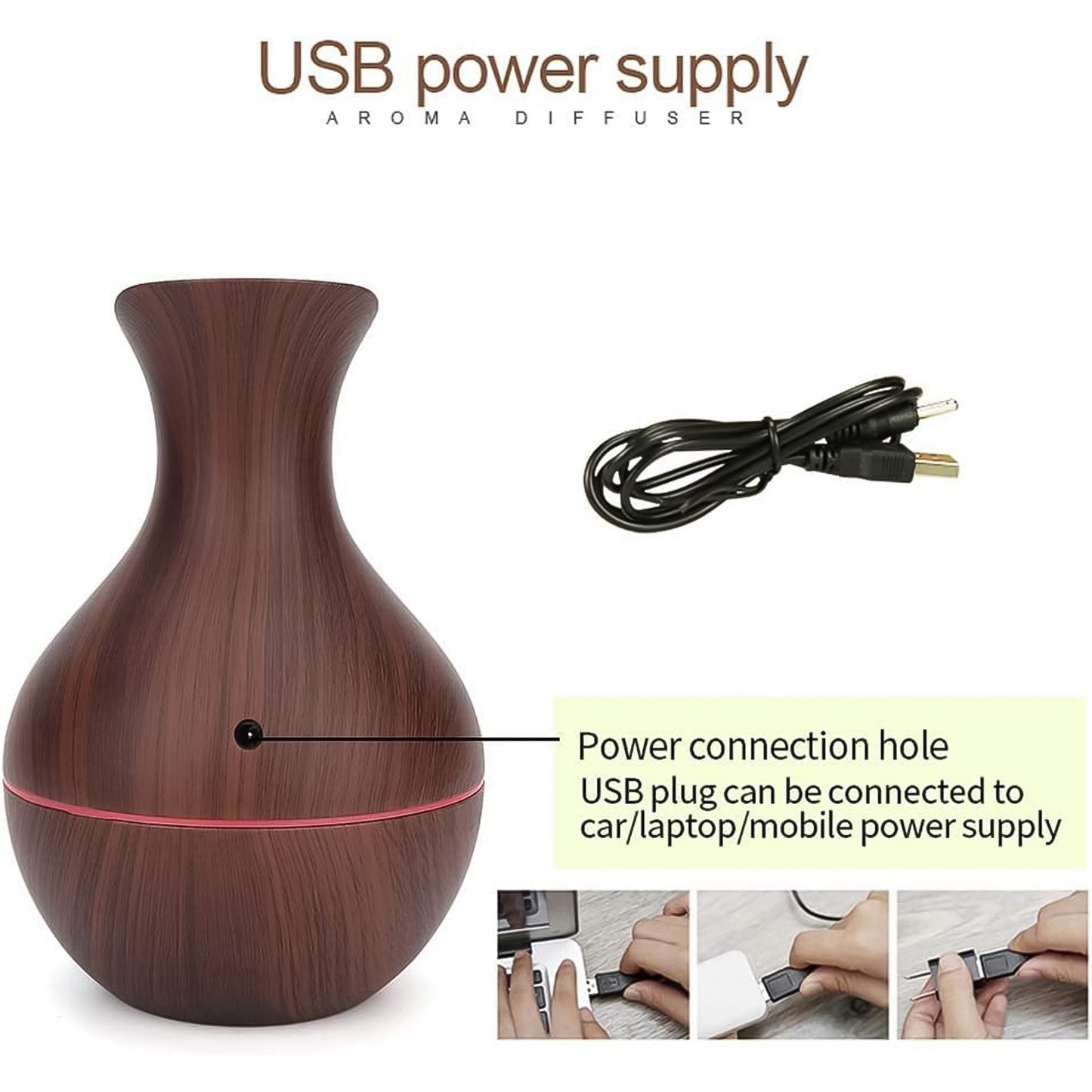 Mini Wooden Vase Humidifier with Cool Mist & LED Light (1 Pc, 130 ML) - Happy Price - Image 2